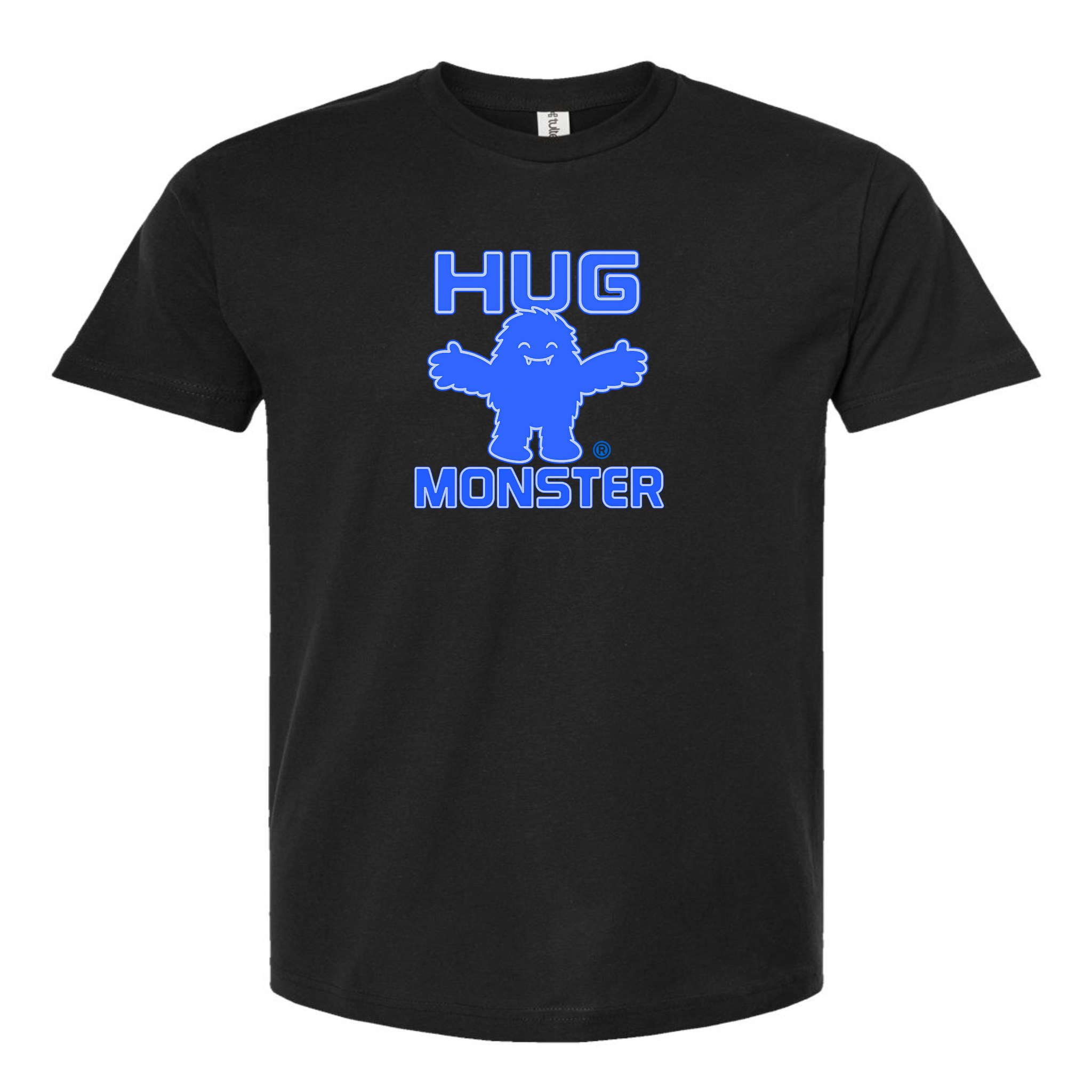Hug Monster Giant Retro Monster Hugs (Blue Logo) T-Shirt - Positive Message Graphic Tee in Blackl – Front View
