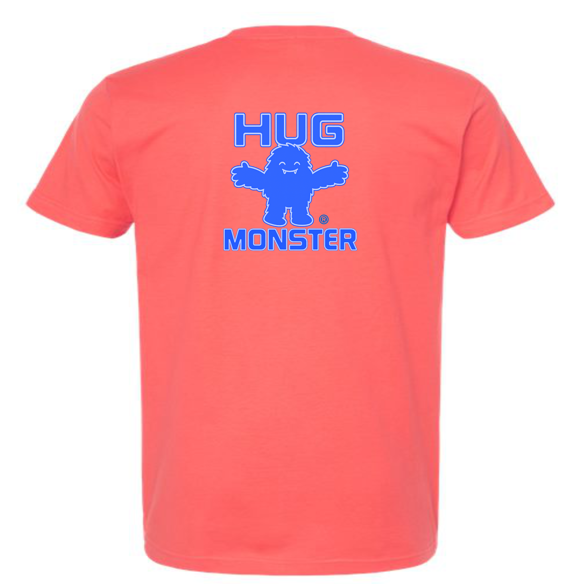 Hug Monster Giant Retro Monster Hugs (Blue Logo) T-Shirt - Positive Message Graphic Tee in Bright Coral – Back View