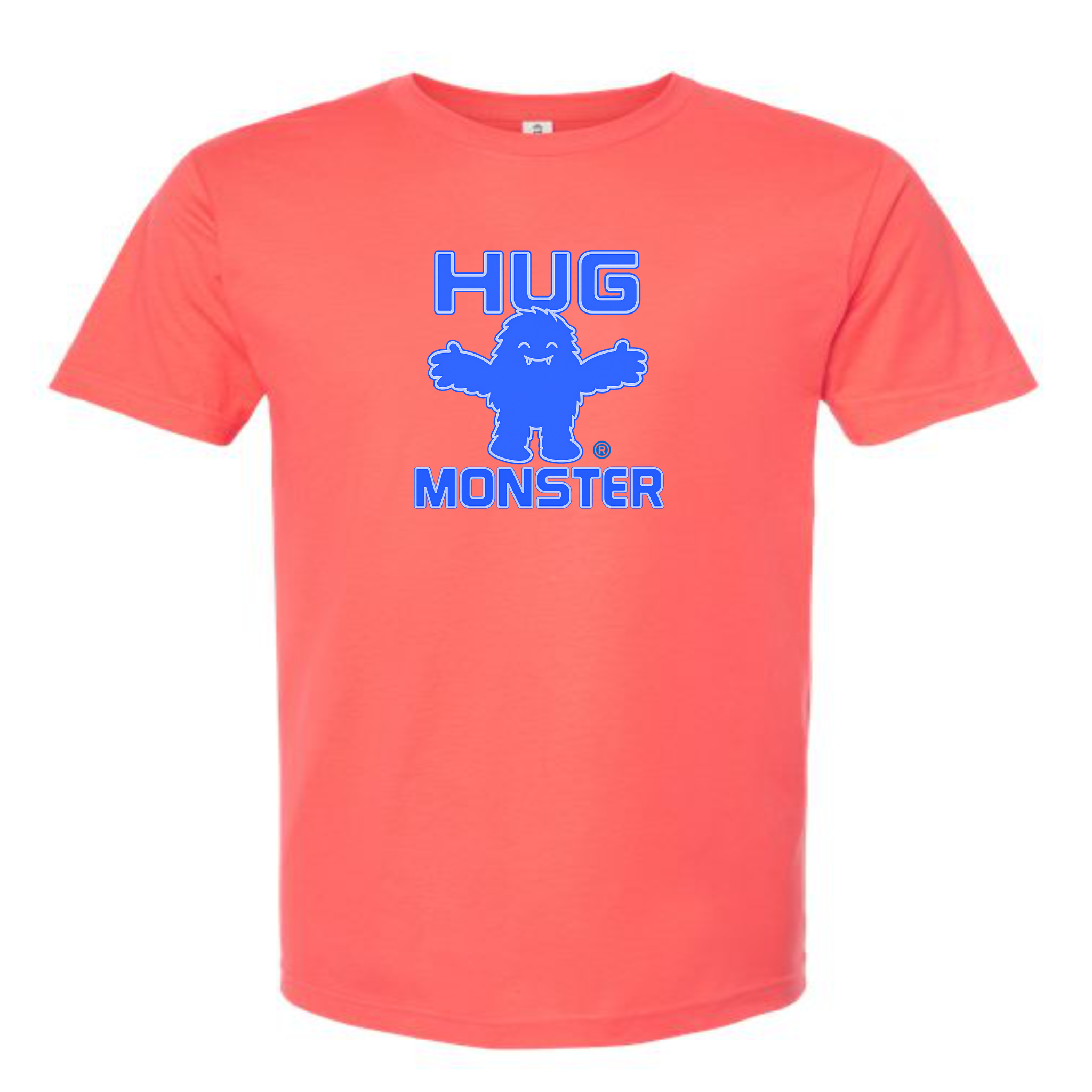 Hug Monster Giant Retro Monster Hugs (Blue Logo) T-Shirt - Positive Message Graphic Tee in Bright Coral – Front View