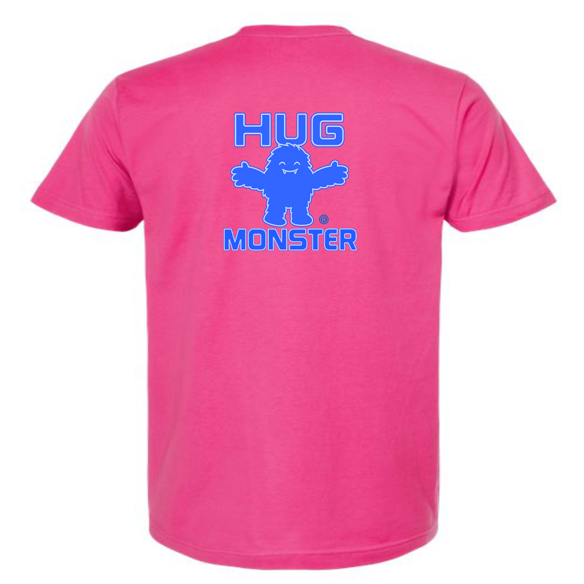 Hug Monster Giant Retro Monster Hugs (Blue Logo) T-Shirt - Positive Message Graphic Tee in Bright Fuscia – Back View