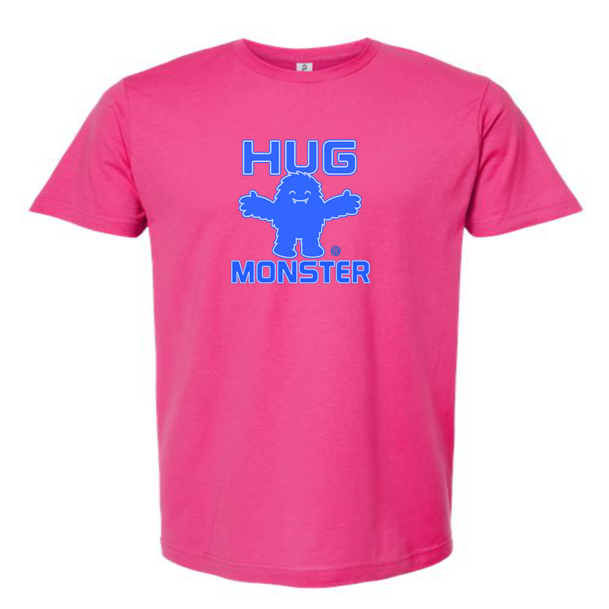 Hug Monster Giant Retro Monster Hugs (Blue Logo) T-Shirt - Positive Message Graphic Tee in Bright Fuscia – Front View