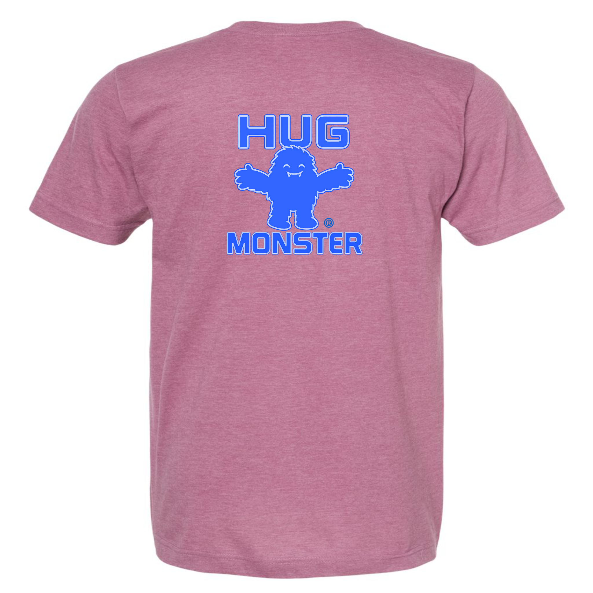 Hug Monster Giant Retro Monster Hugs (Blue Logo) T-Shirt in Heather Dusty Rose Pink – Back View