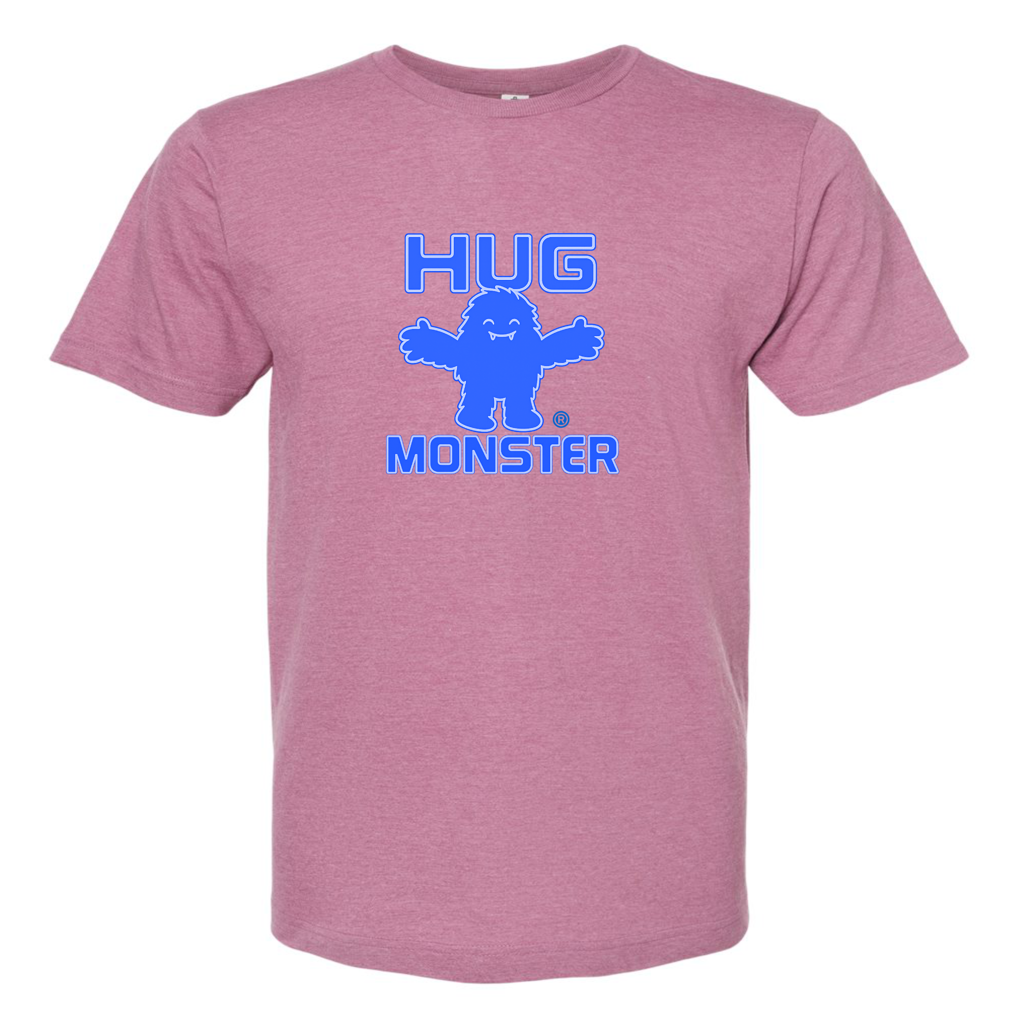 Hug Monster Giant Retro Monster Hugs (Blue Logo) T-Shirt in Heather Dusty Rose Pink – Front View