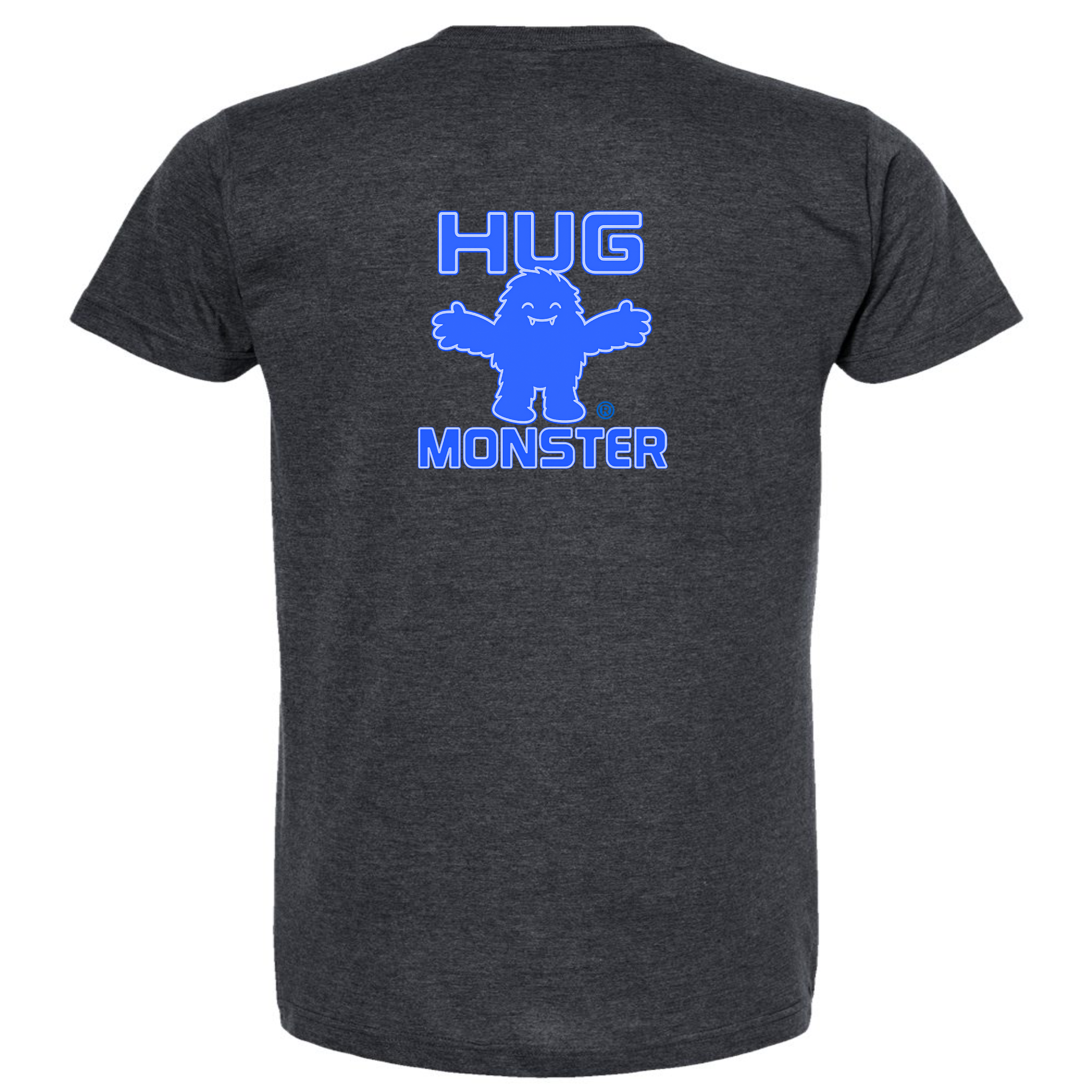 Hug Monster Giant Retro Monster Hugs (Blue Logo) T-Shirt - Positive Message Graphic Tee in Heather Graphite – Back View