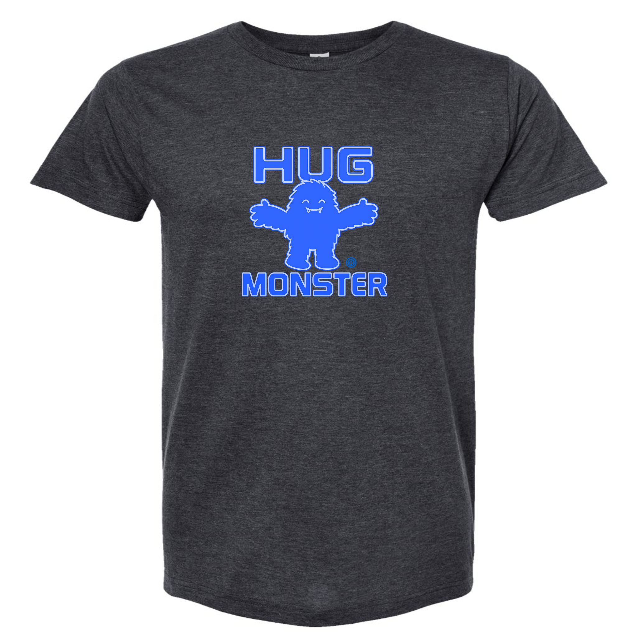 Hug Monster Giant Retro Monster Hugs (Blue Logo) T-Shirt - Positive Message Graphic Tee in Heather Graphite – Front View