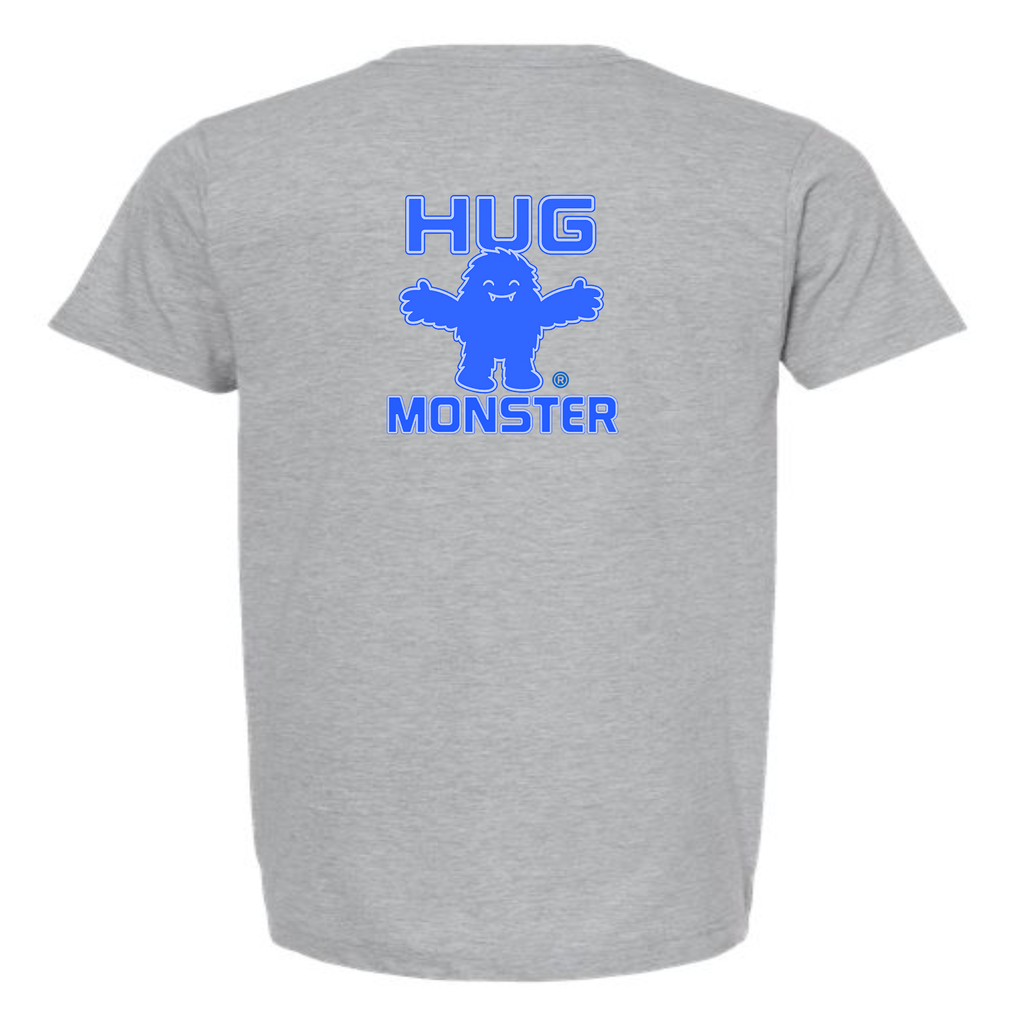 Hug Monster Giant Retro Monster Hugs (Blue Logo) T-Shirt - Positive Message Graphic Tee in Heather Grey – Back View