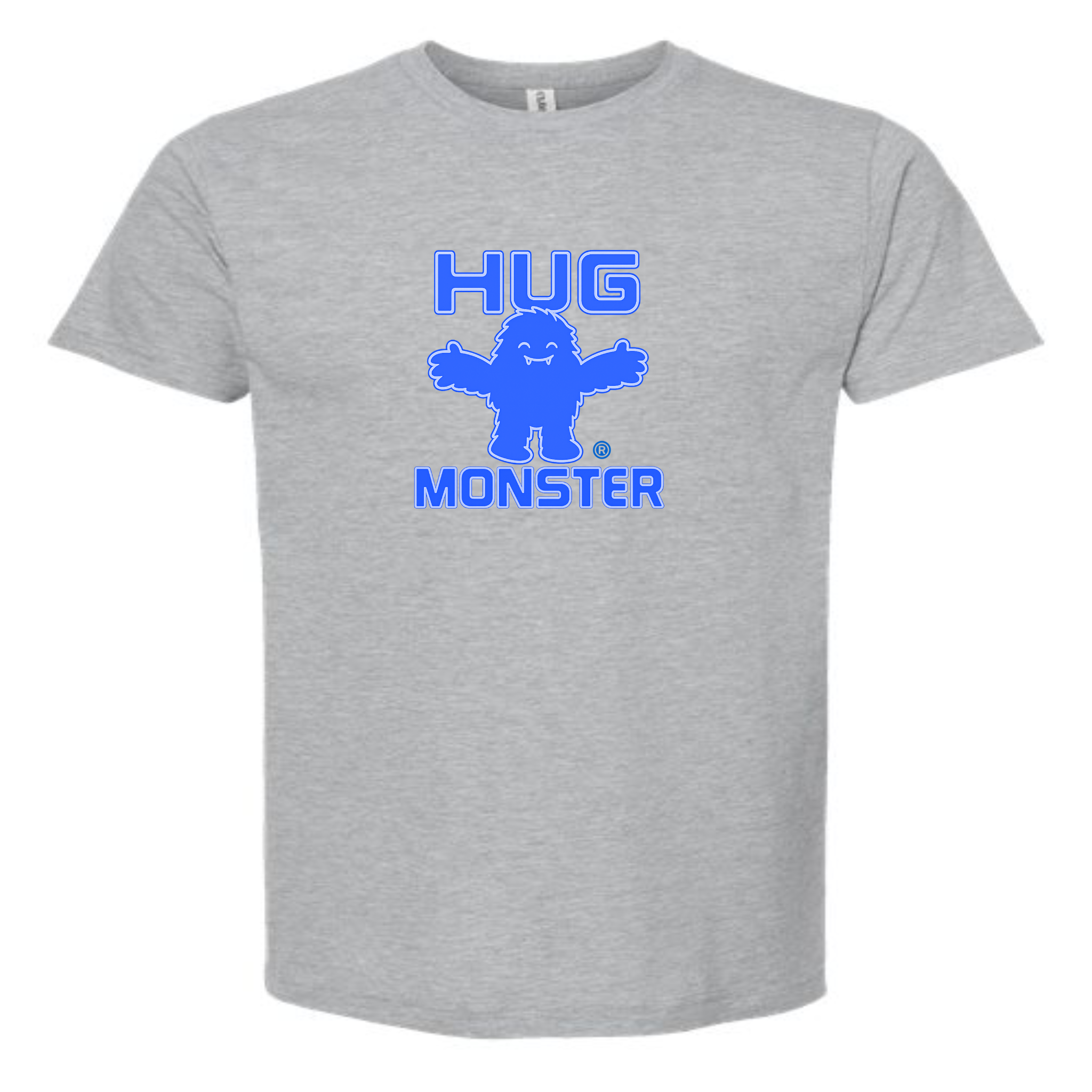Hug Monster Giant Retro Monster Hugs (Blue Logo) T-Shirt - Positive Message Graphic Tee in Heather Grey – Front View