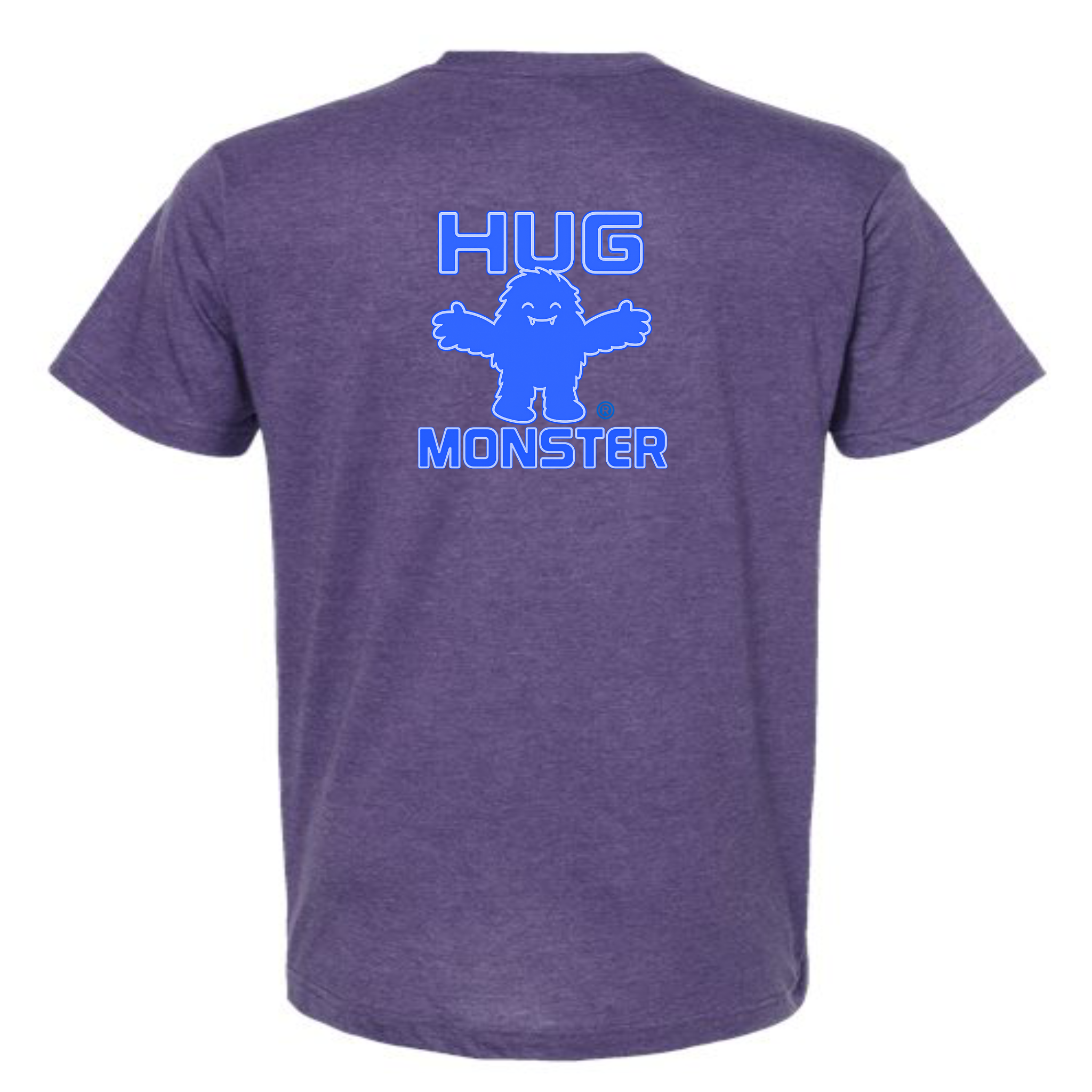 Hug Monster Giant Retro Monster Hugs (Blue Logo) T-Shirt - Positive Message Graphic Tee in Heather Purple – Back View