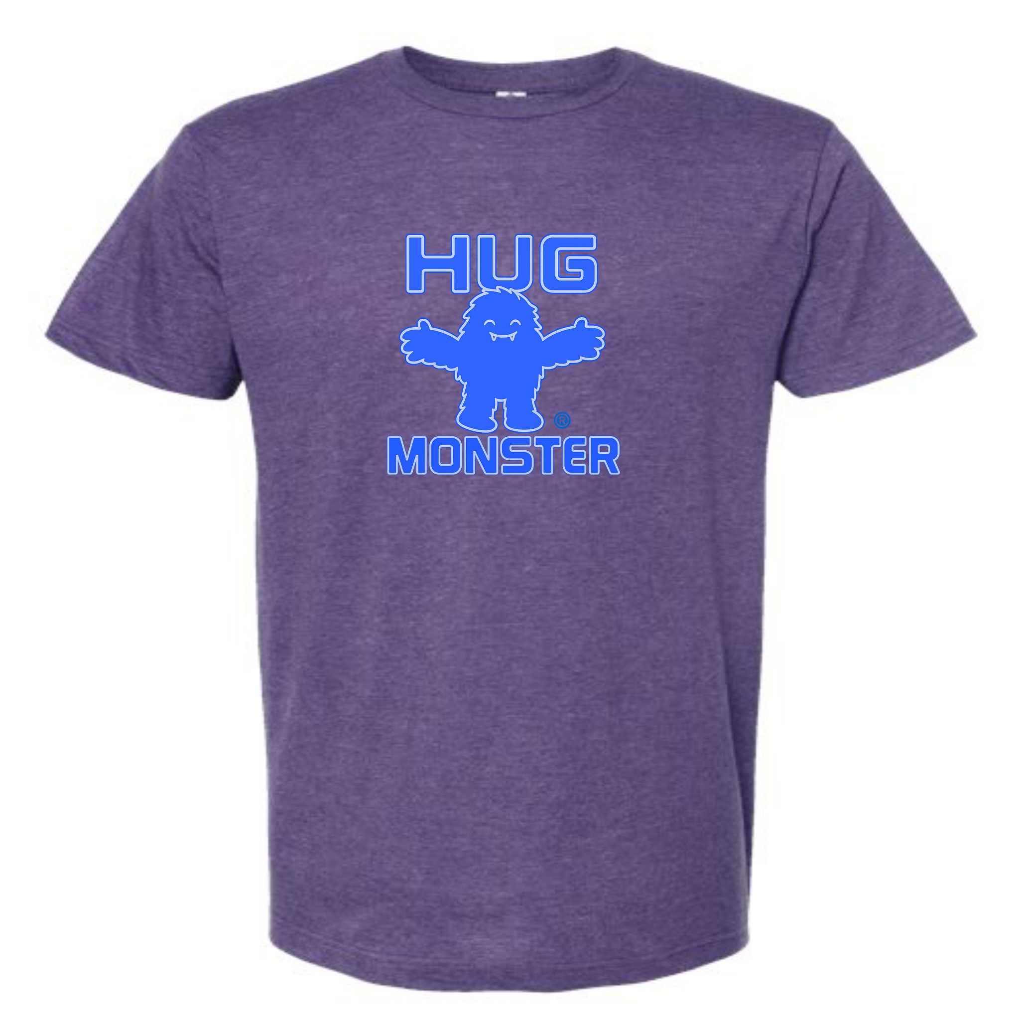 Hug Monster Giant Retro Monster Hugs (Blue Logo) T-Shirt - Positive Message Graphic Tee in Heather Purple – Front View