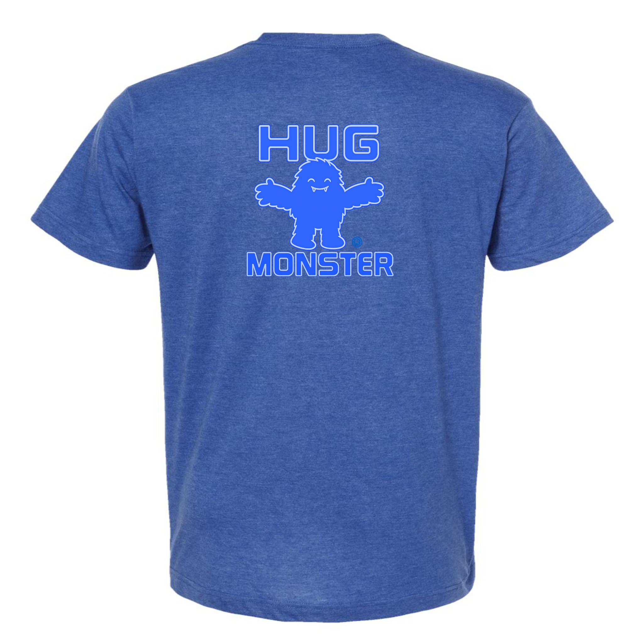 Hug Monster Giant Retro Monster Hugs (Blue Logo) T-Shirt - Positive Message Graphic Tee in Heather Royal Blue – Back View