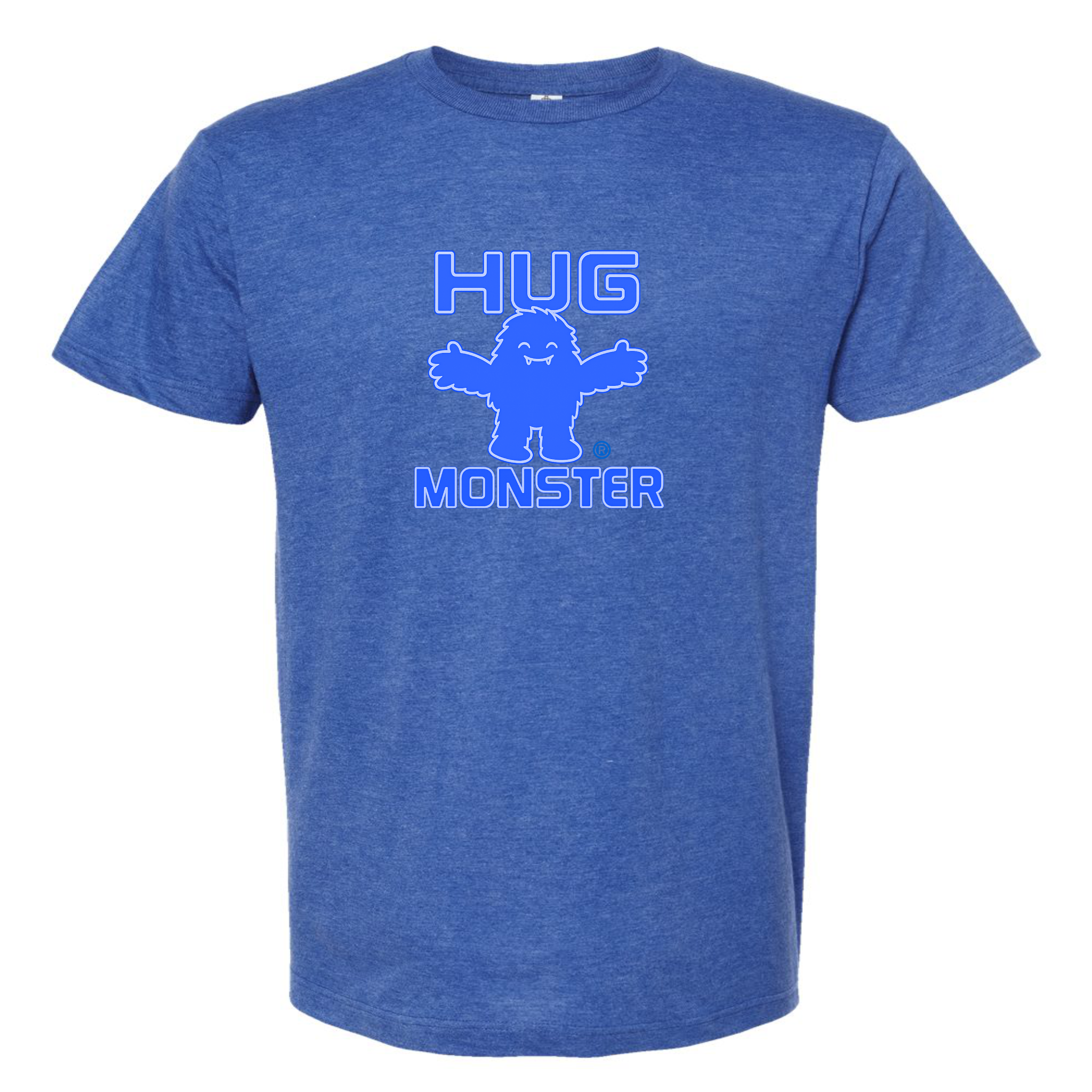 Hug Monster Giant Retro Monster Hugs (Blue Logo) T-Shirt - Positive Message Graphic Tee in Heather Royal Blue – Front View