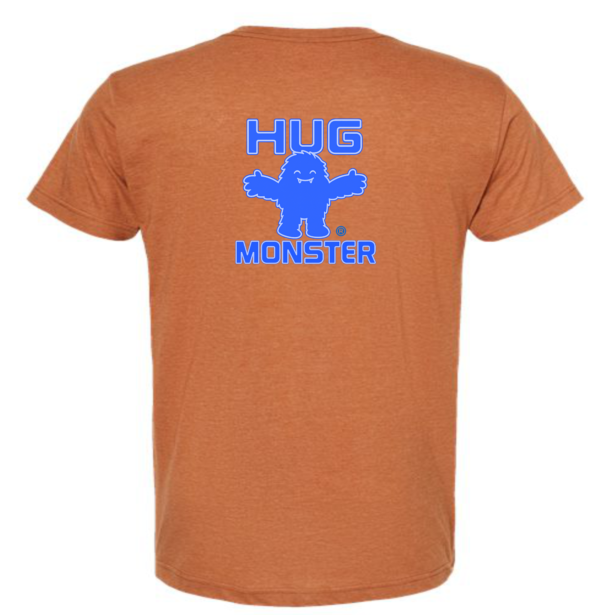 Hug Monster Giant Retro Monster Hugs (Blue Logo) T-Shirt - Positive Message Graphic Tee in Heather Rust – Back View