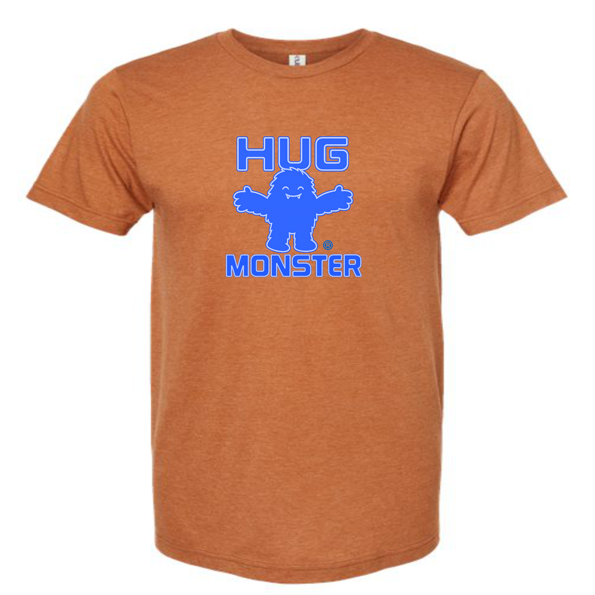 Hug Monster Giant Retro Monster Hugs (Blue Logo) T-Shirt - Positive Message Graphic Tee in Heather Rust – Front View