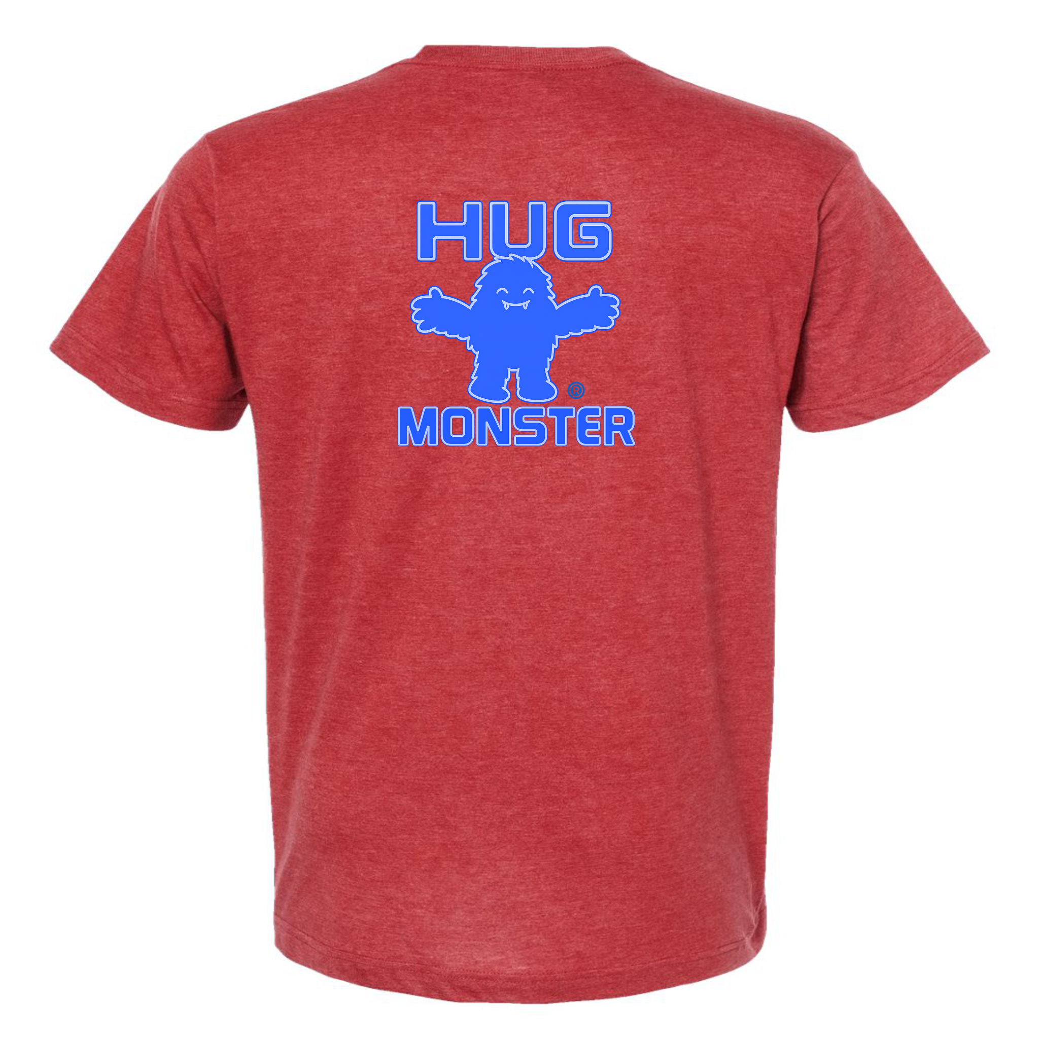 Hug Monster Giant Retro Monster Hugs (Blue Logo) T-Shirt - Positive Message Graphic Tee in Heather Scarlet Red – Back View