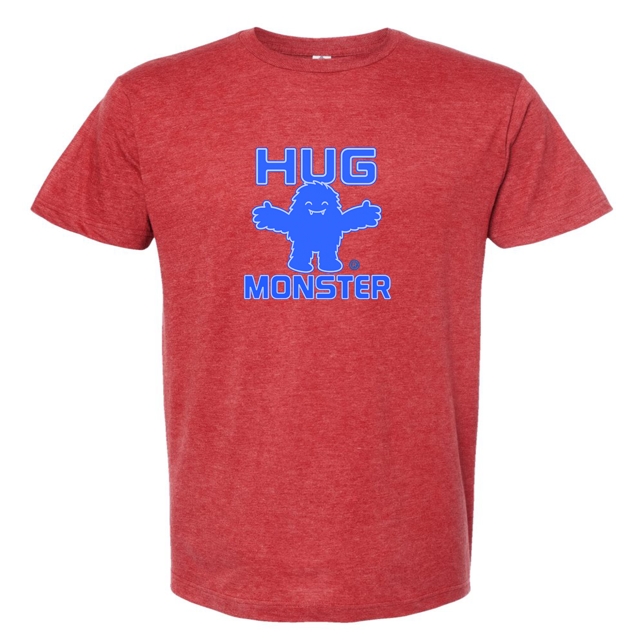 Hug Monster Giant Retro Monster Hugs (Blue Logo) T-Shirt - Positive Message Graphic Tee in Heather Scarlet Red – Front View