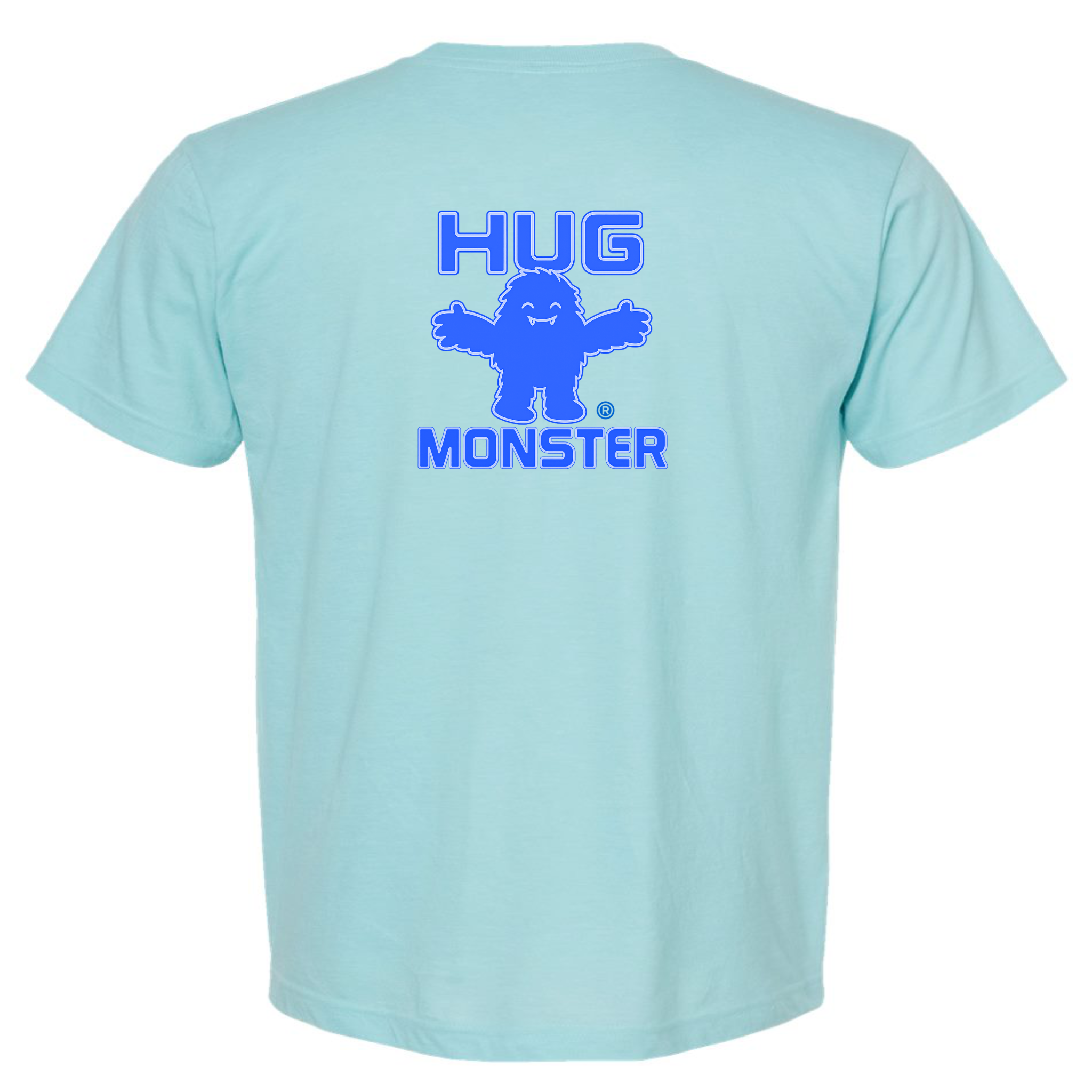 Hug Monster Giant Retro Monster Hugs (Blue Logo) T-Shirt - Positive Message Graphic Tee in Heather Turquoise – Back View