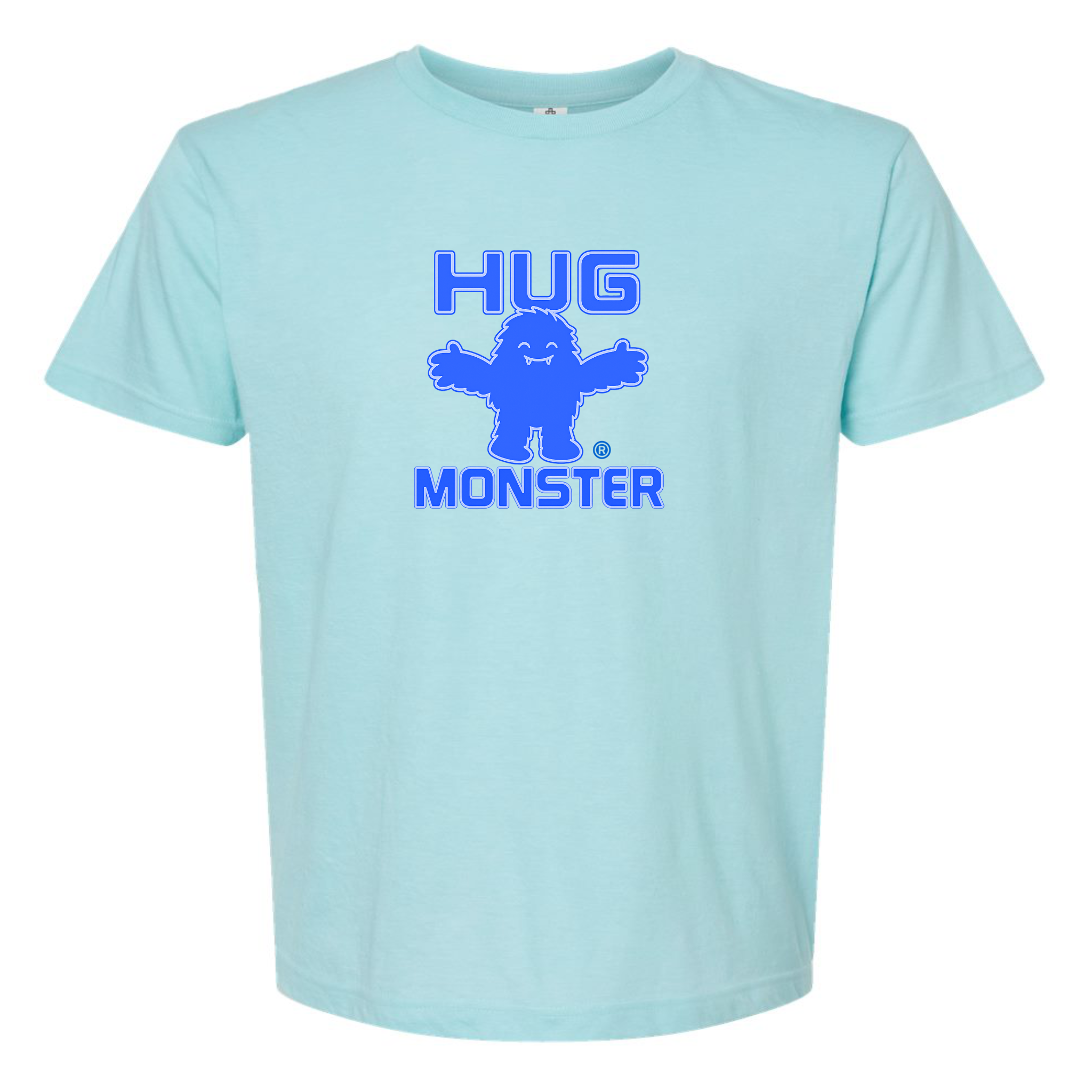 Hug Monster Giant Retro Monster Hugs (Blue Logo) T-Shirt - Positive Message Graphic Tee in Heather Turquoise – Front View