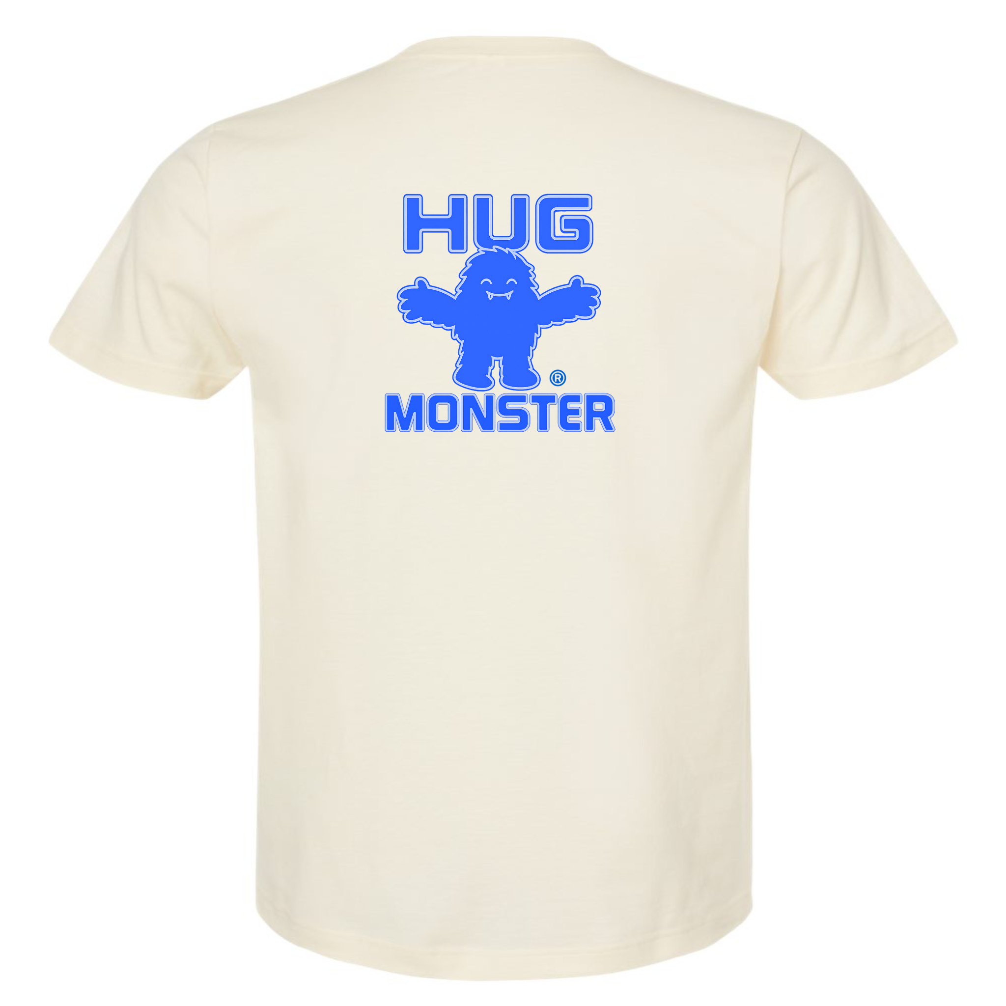 Hug Monster Giant Retro Monster Hugs (Blue Logo) T-Shirt - Positive Message Graphic Tee in Natural – Back View