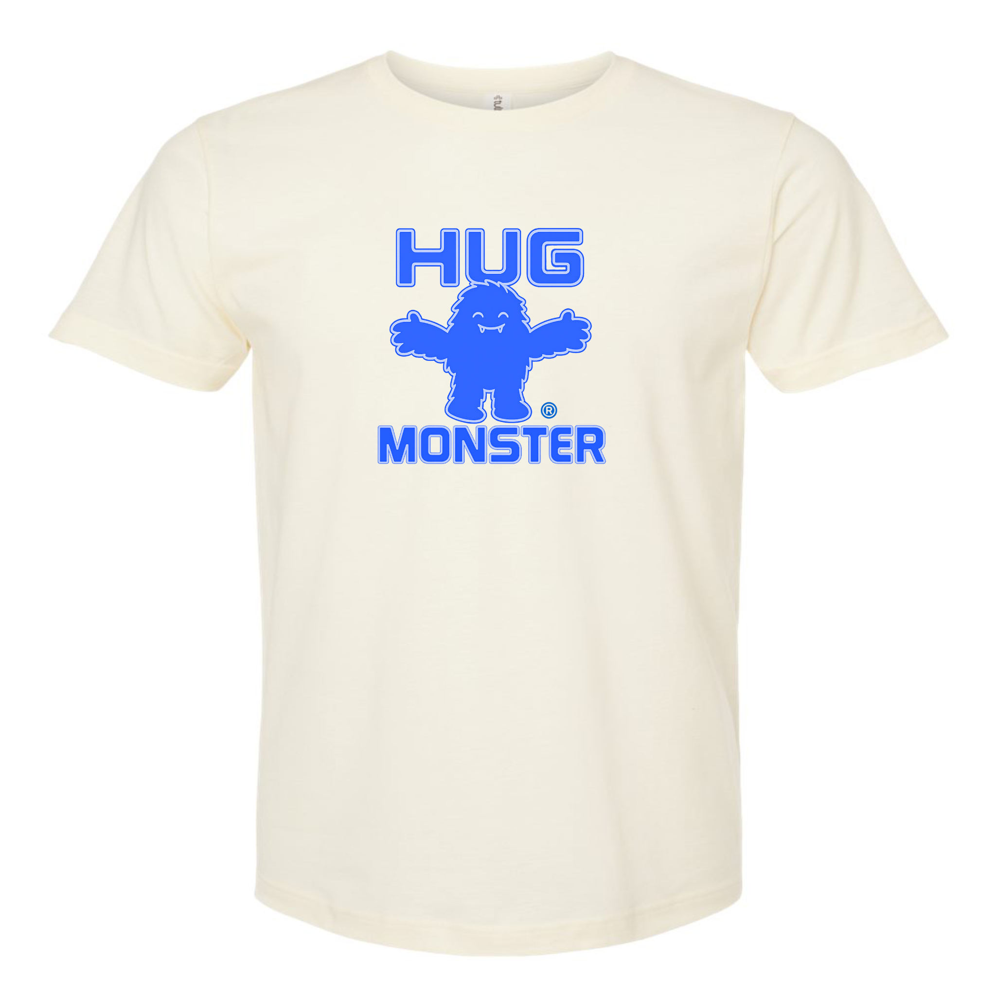 Hug Monster Giant Retro Monster Hugs (Blue Logo) T-Shirt - Positive Message Graphic Tee in Natural – Front View