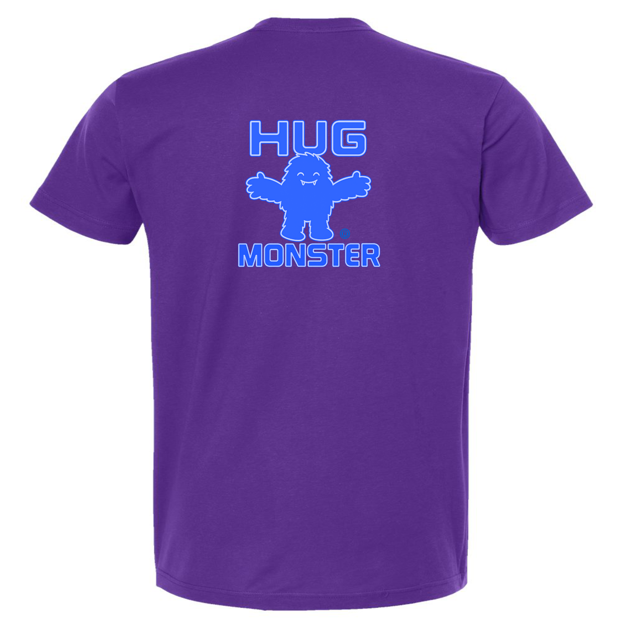 Hug Monster Giant Retro Monster Hugs (Blue Logo) T-Shirt - Positive Message Graphic Tee in Purple – Back View