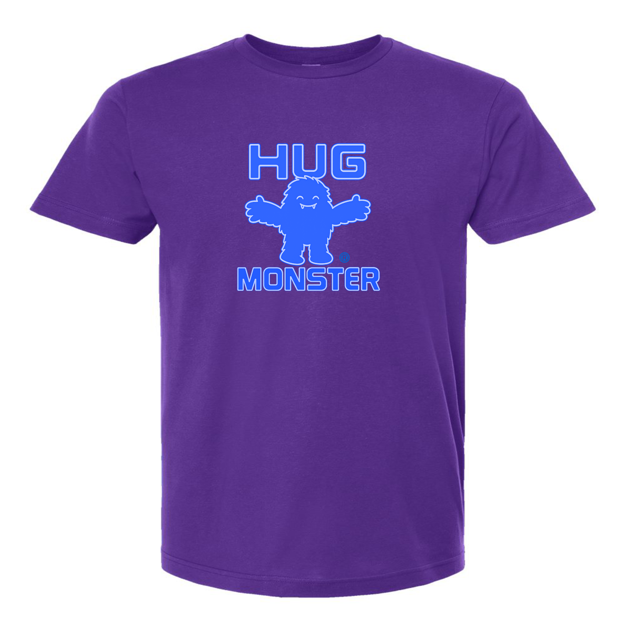 Hug Monster Giant Retro Monster Hugs (Blue Logo) T-Shirt - Positive Message Graphic Tee in Purple – Front View
