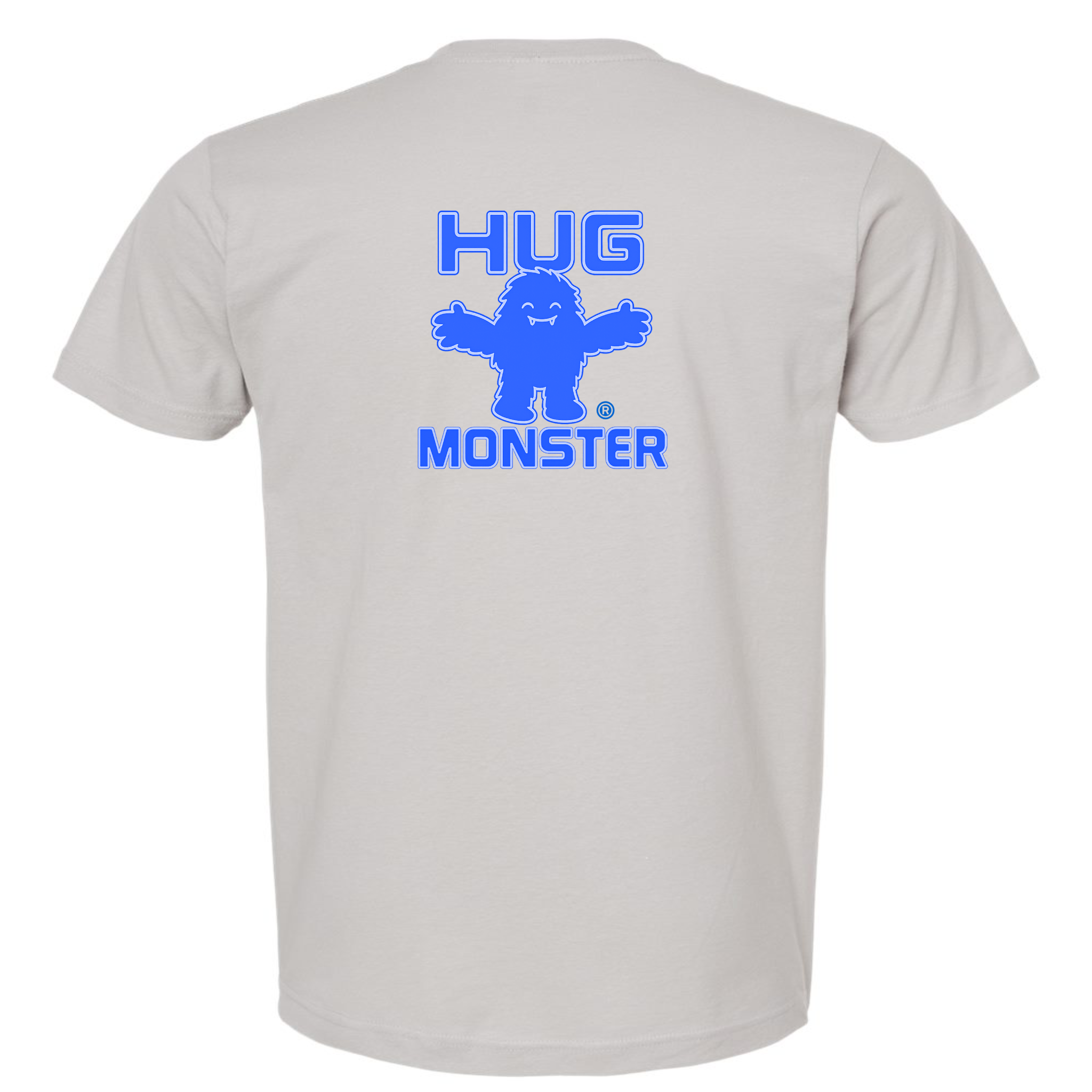 Hug Monster Giant Retro Monster Hugs (Blue Logo) T-Shirt - Positive Message Graphic Tee in Silver – Back View