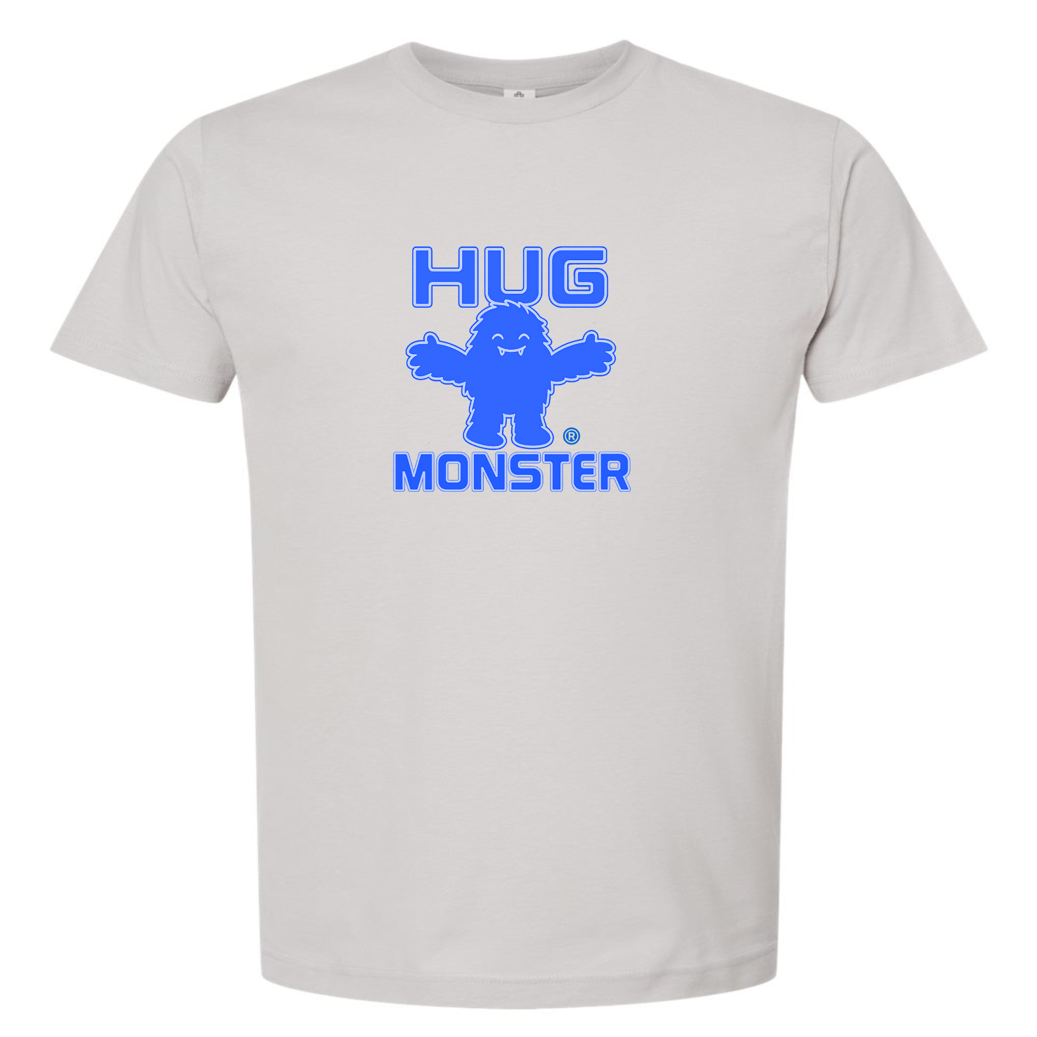 Hug Monster Giant Retro Monster Hugs (Blue Logo) T-Shirt - Positive Message Graphic Tee in Silver – Front View