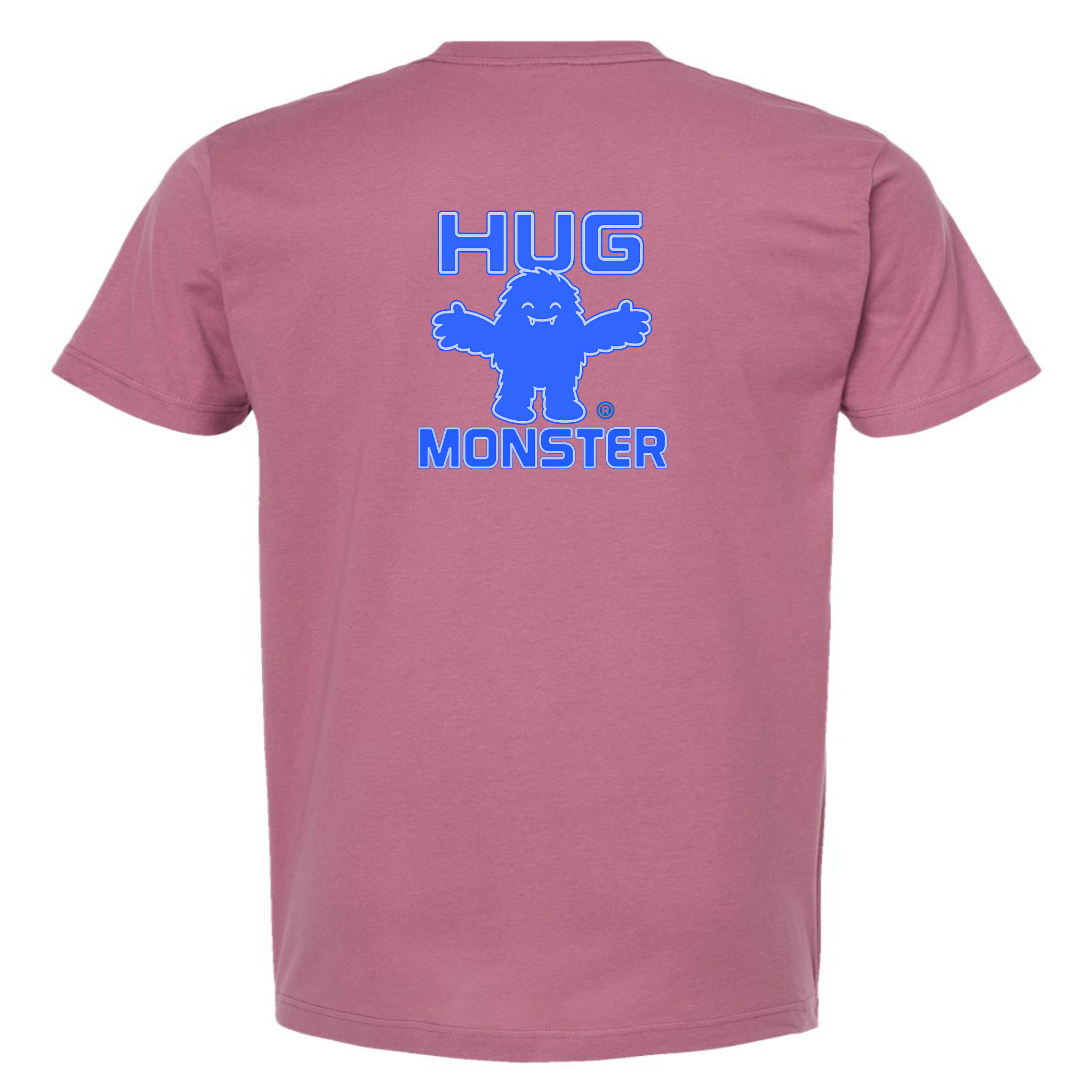 Hug Monster Giant Retro Monster Hugs (Blue Logo) T-Shirt - Positive Message Graphic Tee in Soft Dusty Rose Pink – Back View