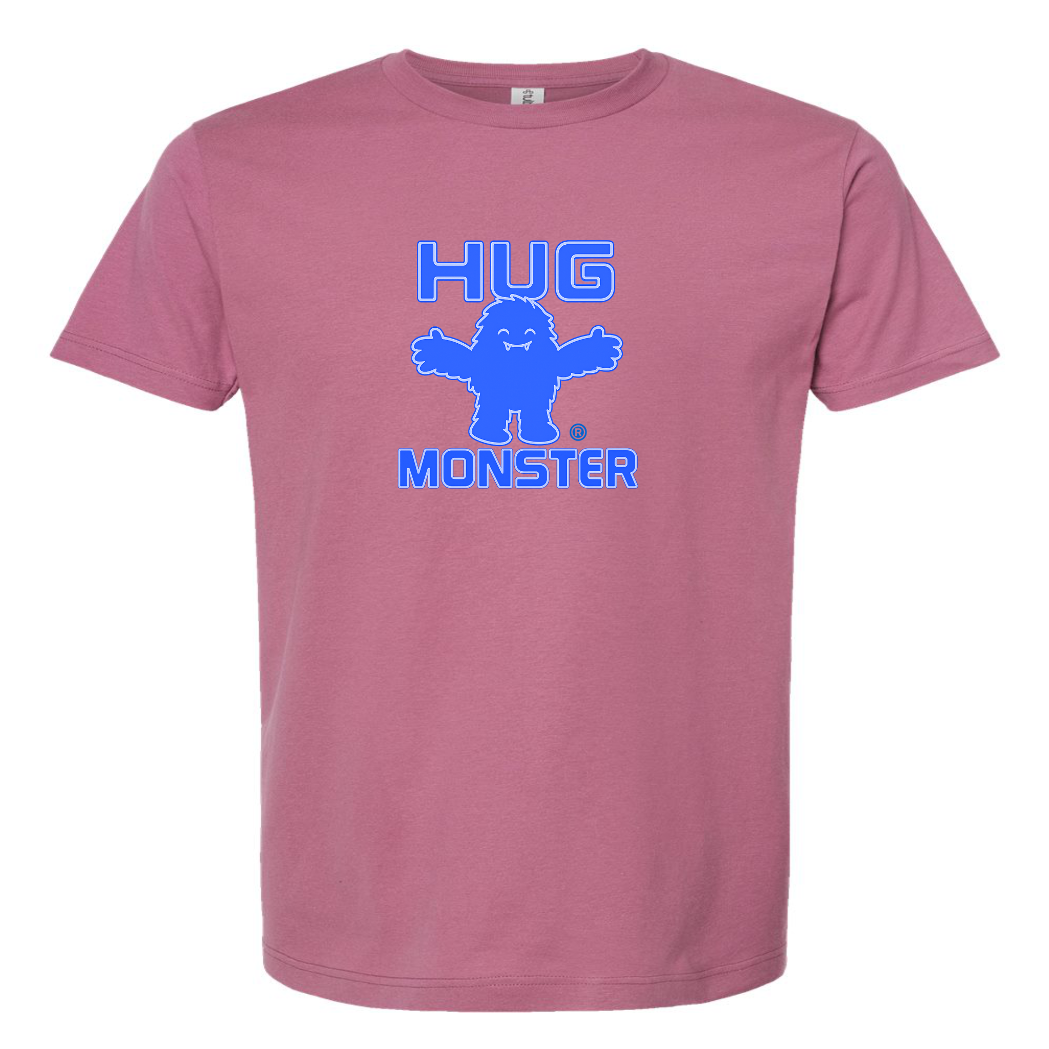Hug Monster Giant Retro Monster Hugs (Blue Logo) T-Shirt - Positive Message Graphic Tee in Soft Dusty Rose Pink – Front View