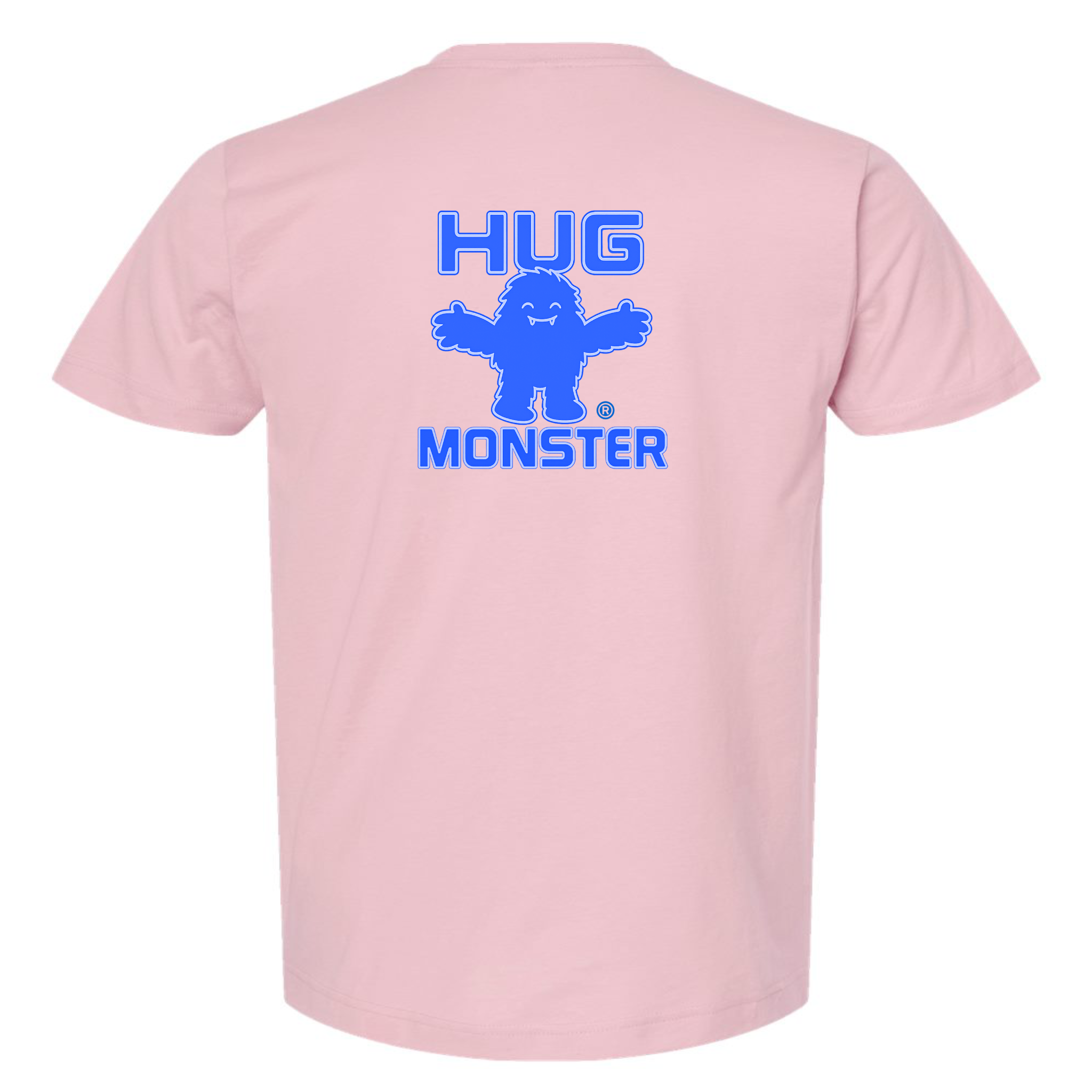 Hug Monster Giant Retro Monster Hugs (Blue Logo) T-Shirt - Positive Message Graphic Tee in Soft Pink – Back View