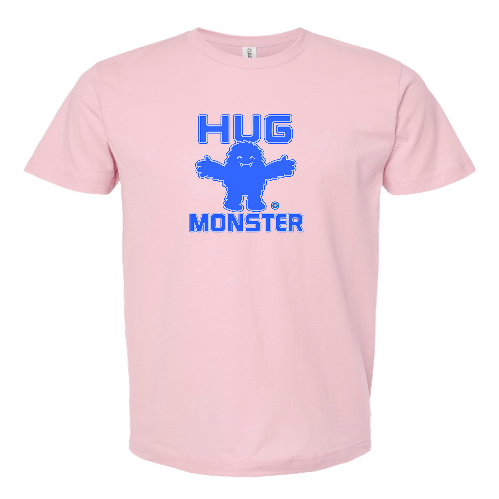 Hug Monster Giant Retro Monster Hugs (Blue Logo) T-Shirt - Positive Message Graphic Tee in Soft Pink – Front View