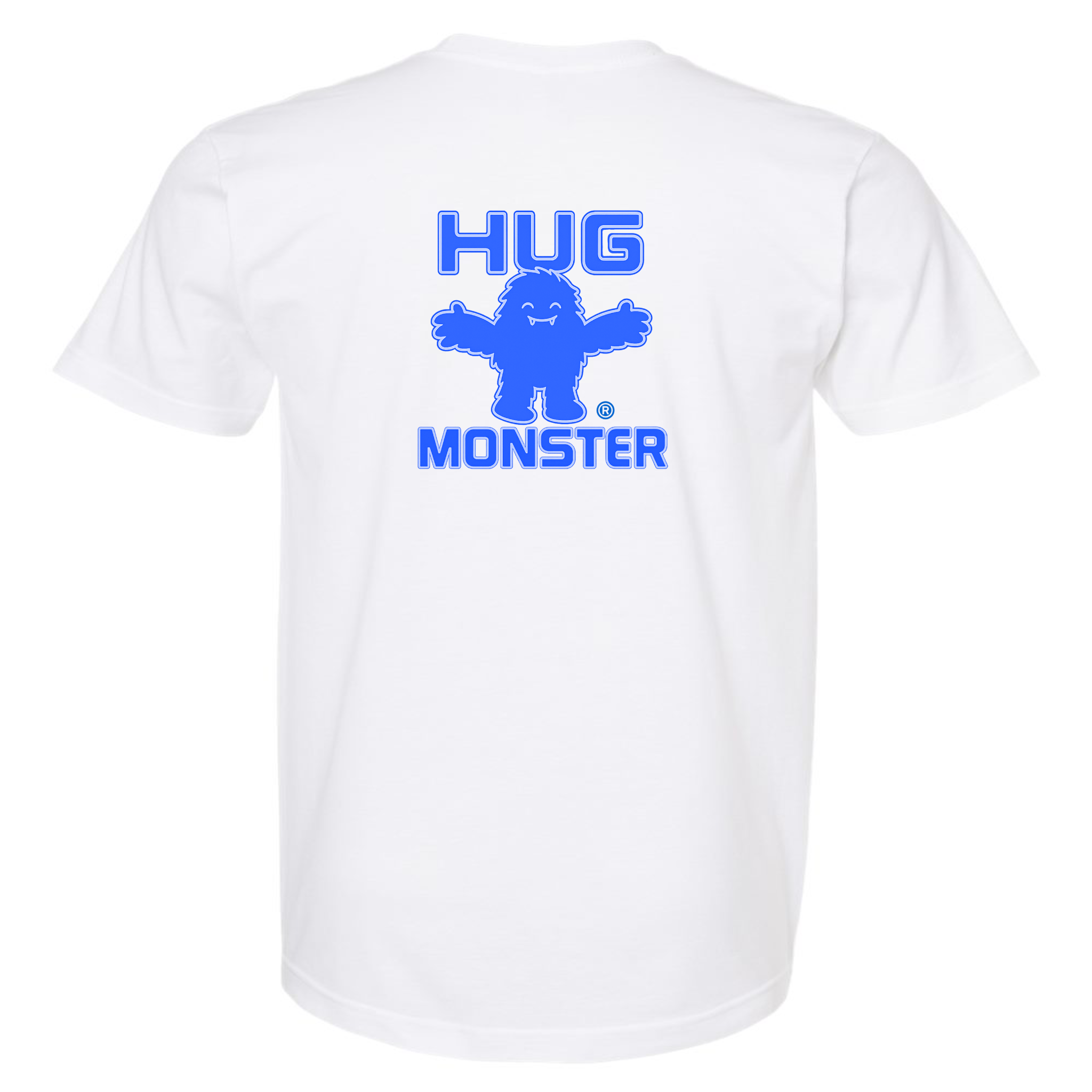 Hug Monster Giant Retro Monster Hugs (Blue Logo) T-Shirt - Positive Message Graphic Tee in White – Back View