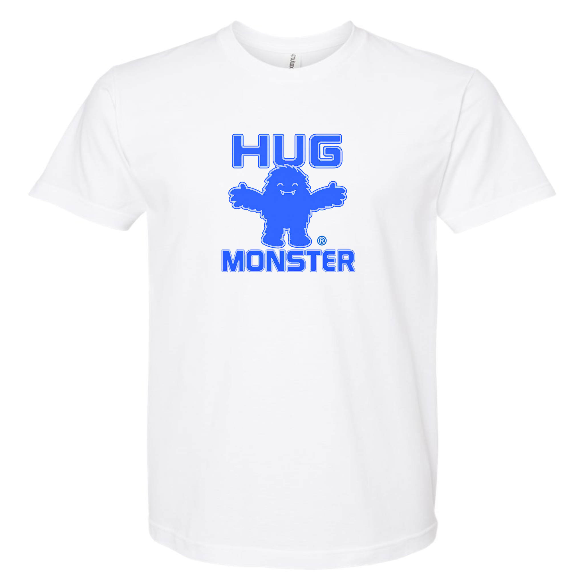 Hug Monster Giant Retro Monster Hugs (Blue Logo) T-Shirt - Positive Message Graphic Tee in White – Front View