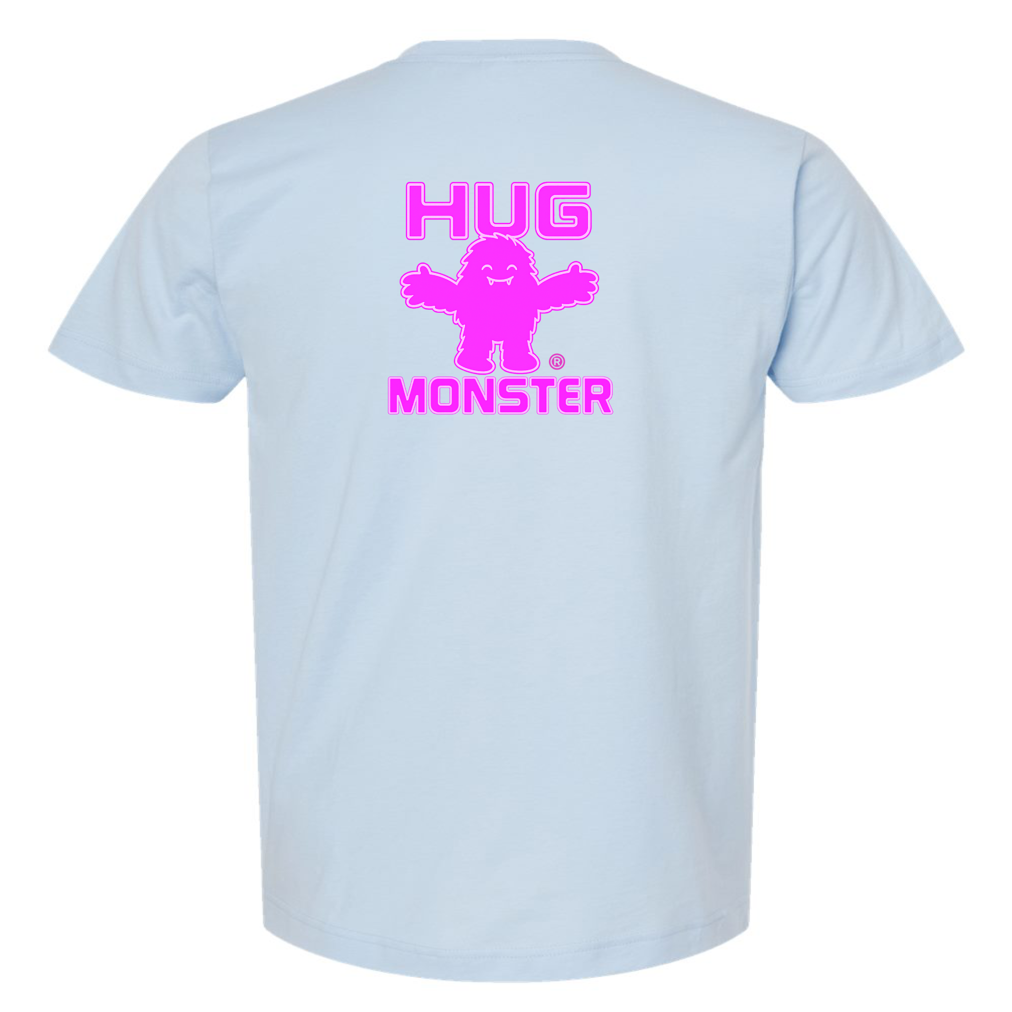 Hug Monster Giant Retro Monster Hugs (Bright Pink Logo) T-Shirt - Positive Message Graphic Tee in Baby Blue – Back View