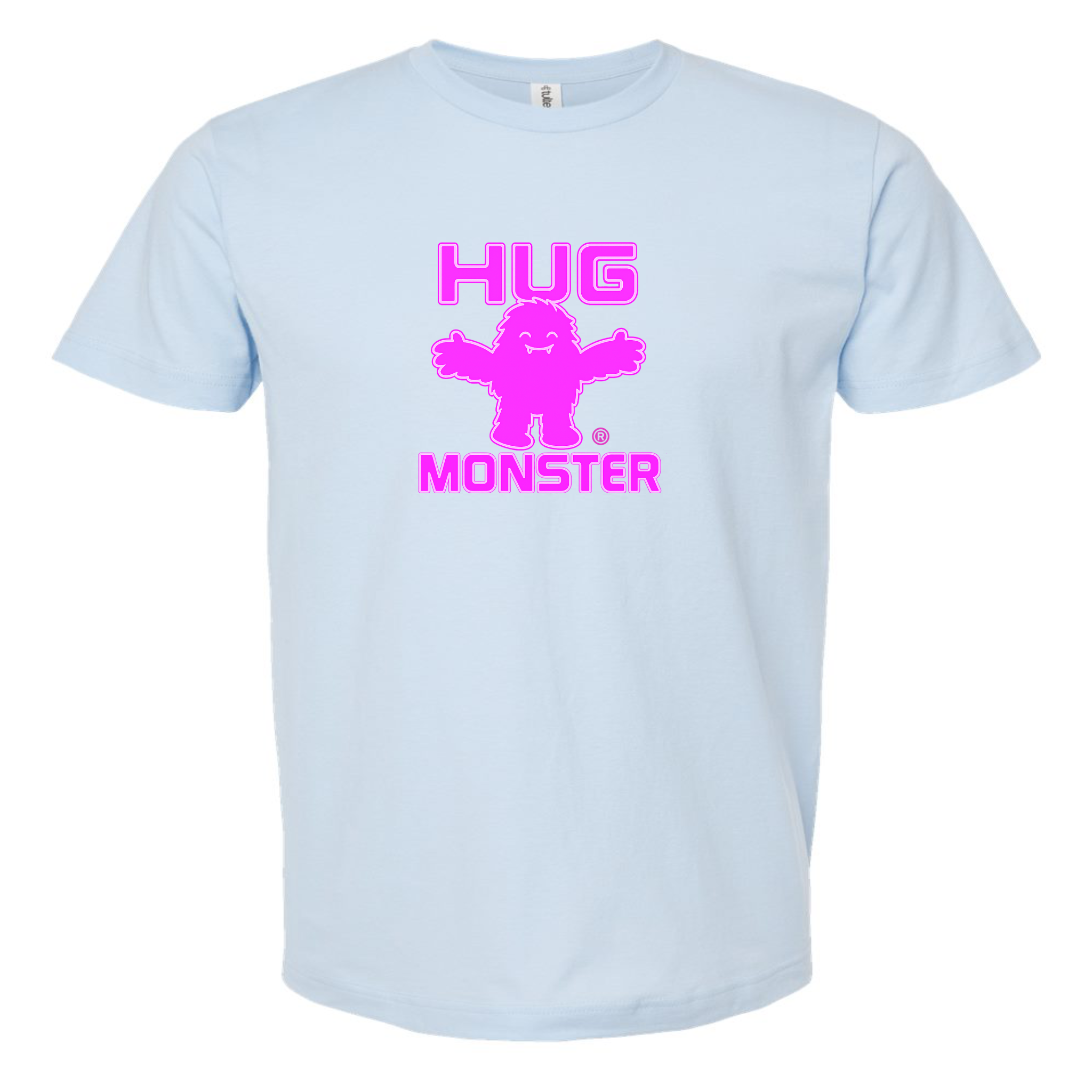 Hug Monster Giant Retro Monster Hugs (Bright Pink Logo) T-Shirt - Positive Message Graphic Tee in Baby Blue – Front View
