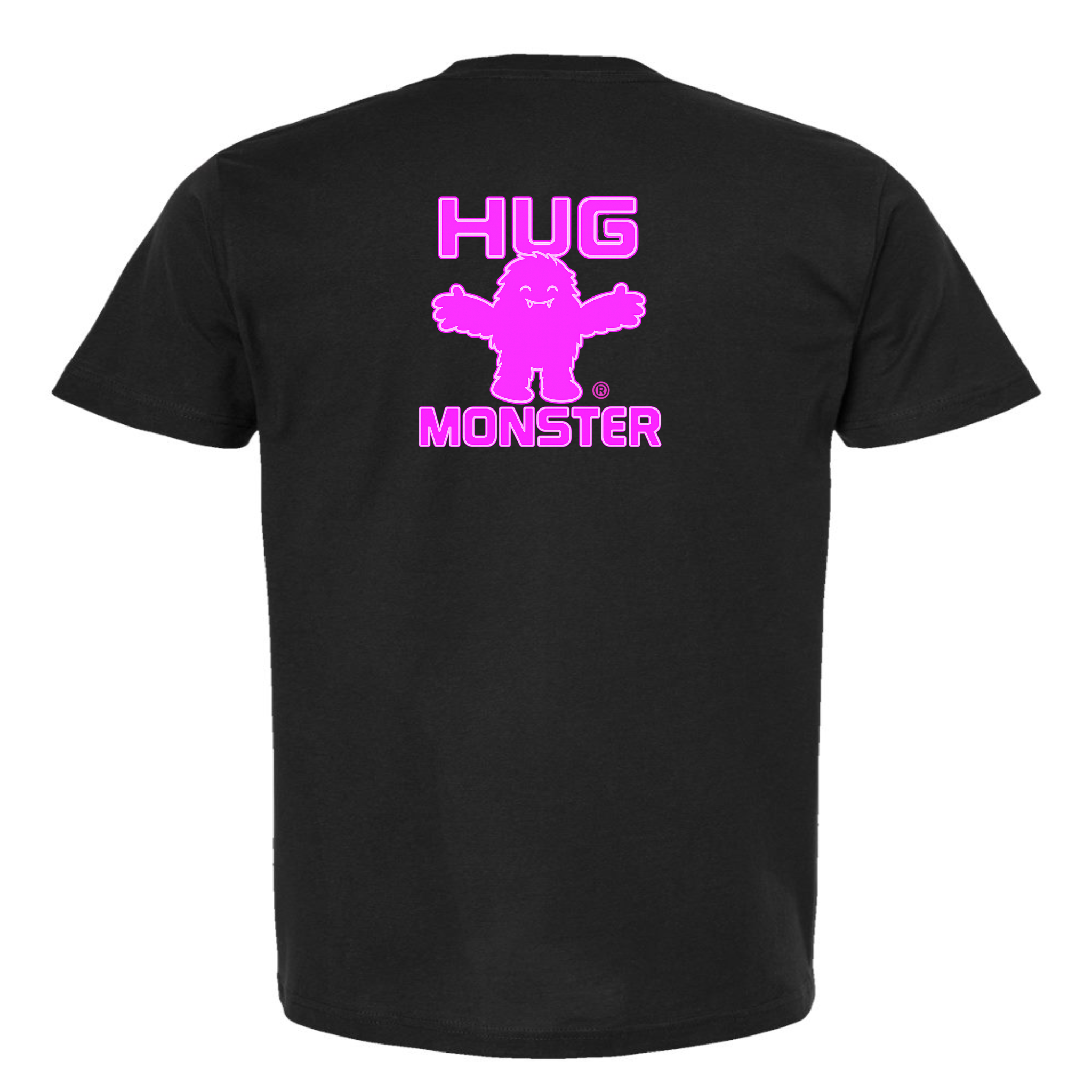 Hug Monster Giant Retro Monster Hugs (Bright Pink Logo) T-Shirt - Positive Message Graphic Tee in Black – Back View