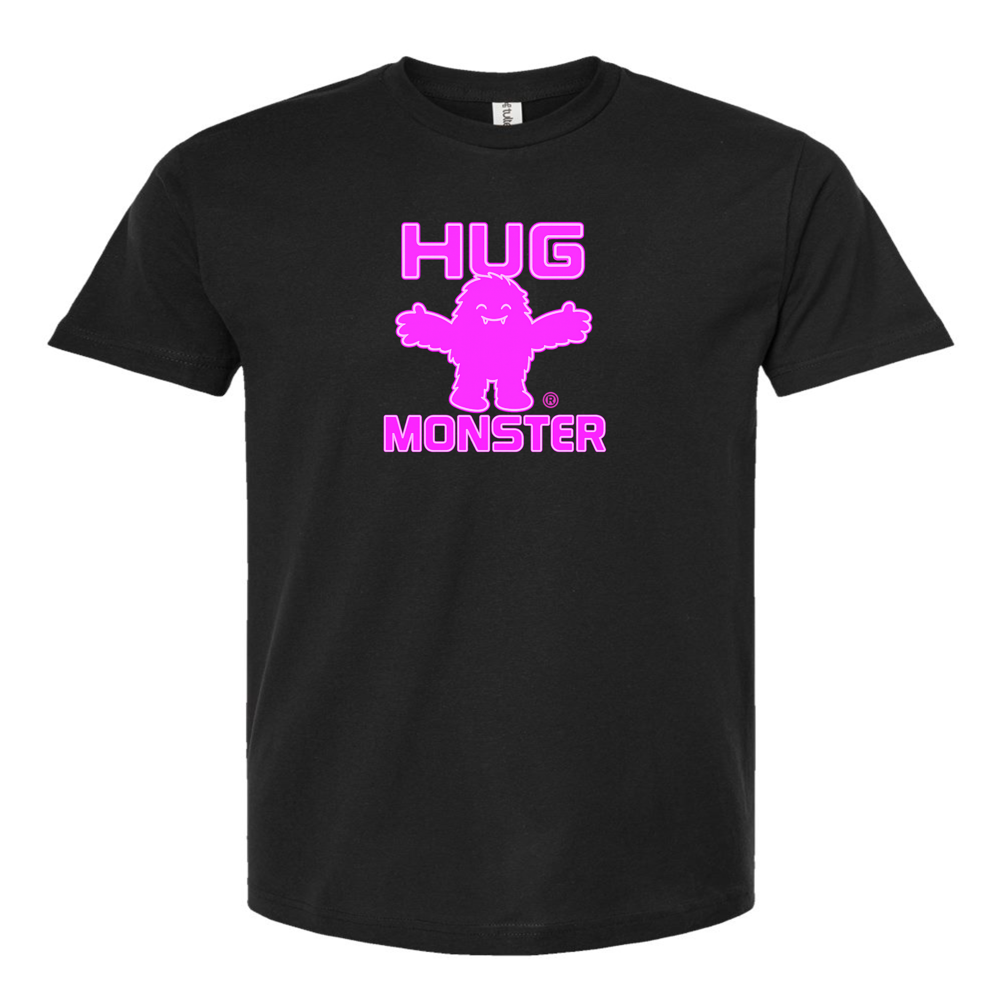 Hug Monster Giant Retro Monster Hugs (Bright Pink Logo) T-Shirt - Positive Message Graphic Tee in Black – Front View