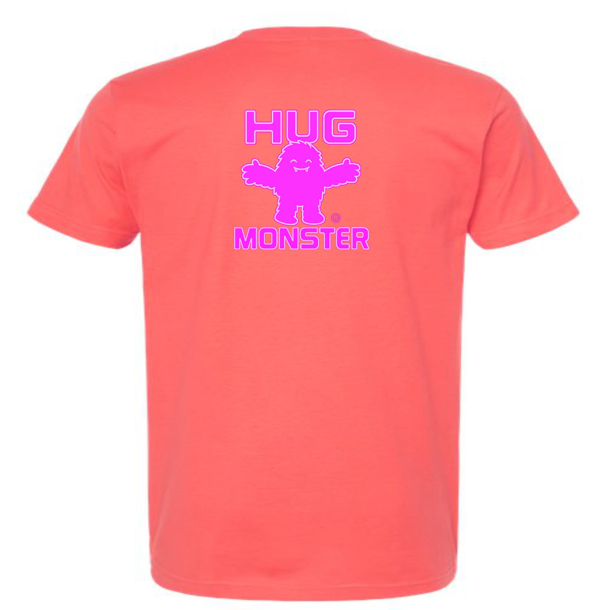 Hug Monster Giant Retro Monster Hugs (Bright Pink Logo) T-Shirt - Positive Message Graphic Tee in Bright Coral – Back View