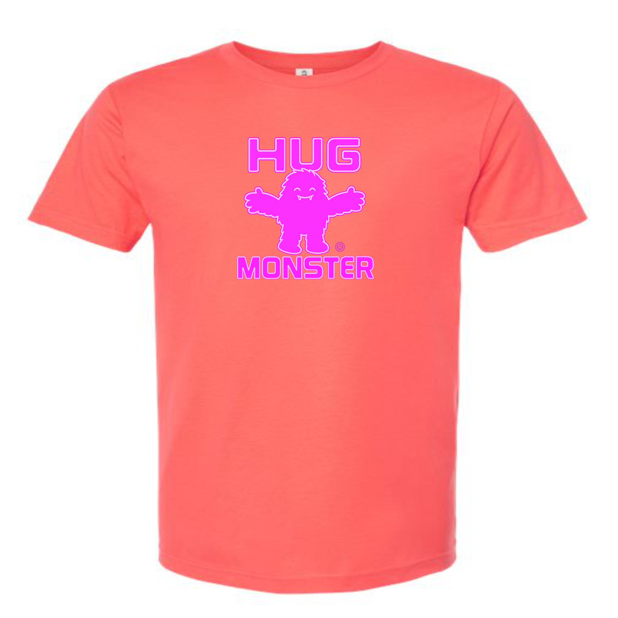 Hug Monster Giant Retro Monster Hugs (Bright Pink Logo) T-Shirt - Positive Message Graphic Tee in Bright Coral – Front View