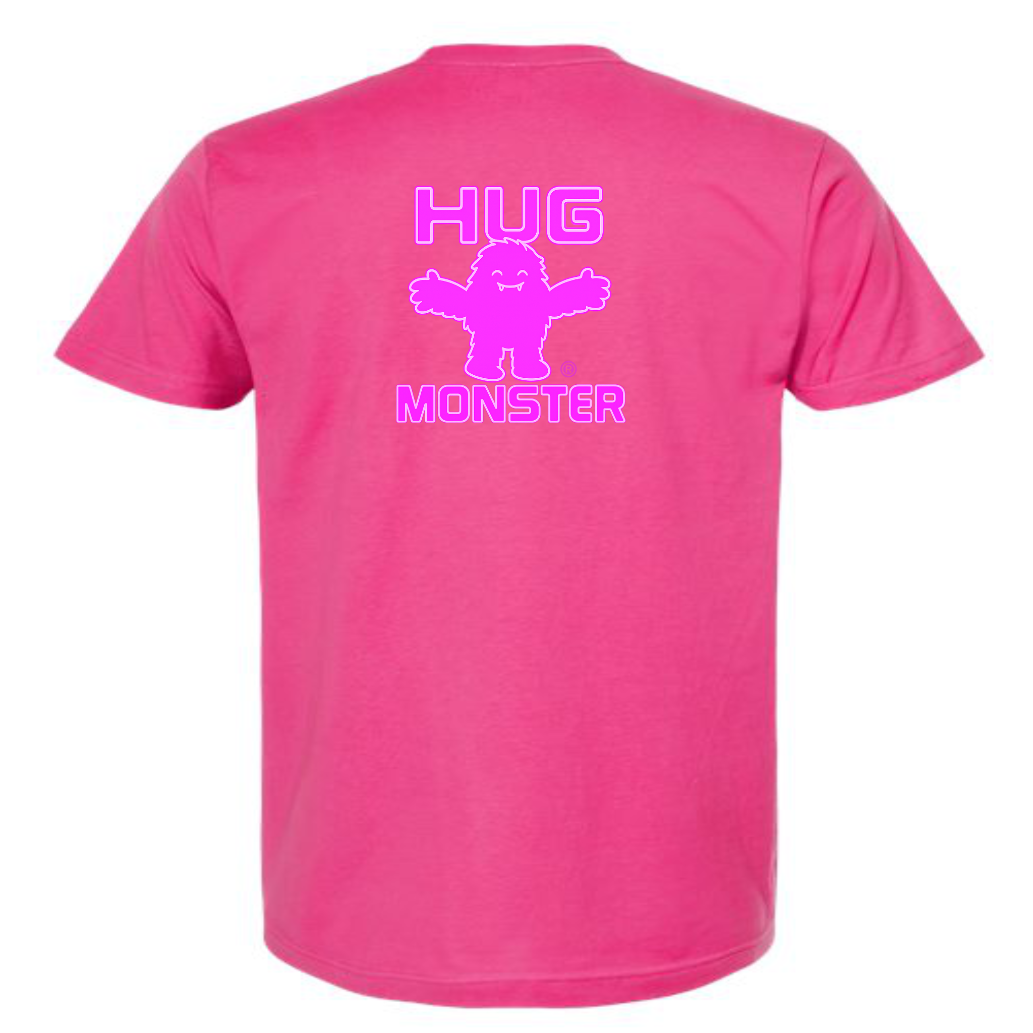 Hug Monster Giant Retro Monster Hugs (Bright Pink Logo) T-Shirt - Positive Message Graphic Tee in Bright Fuscia – Back View