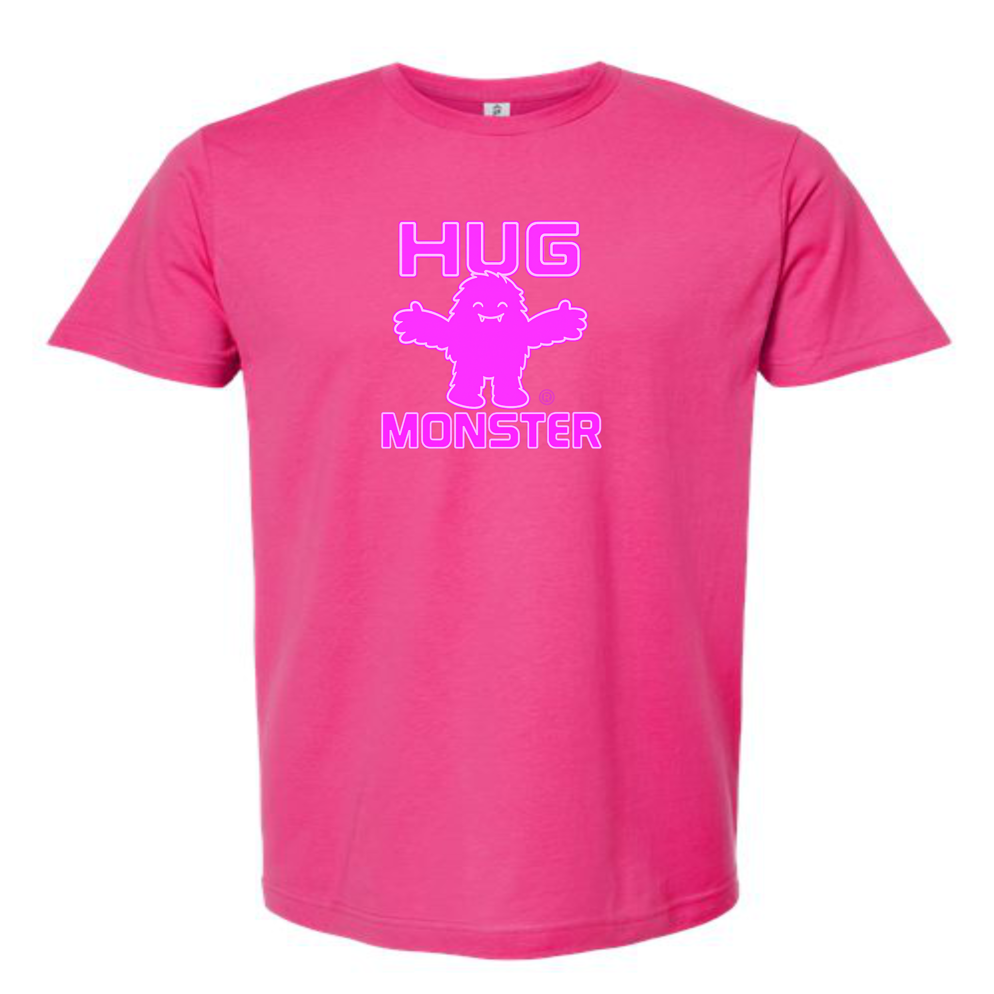 Hug Monster Giant Retro Monster Hugs (Bright Pink Logo) T-Shirt - Positive Message Graphic Tee in Bright Fuscia – Front View