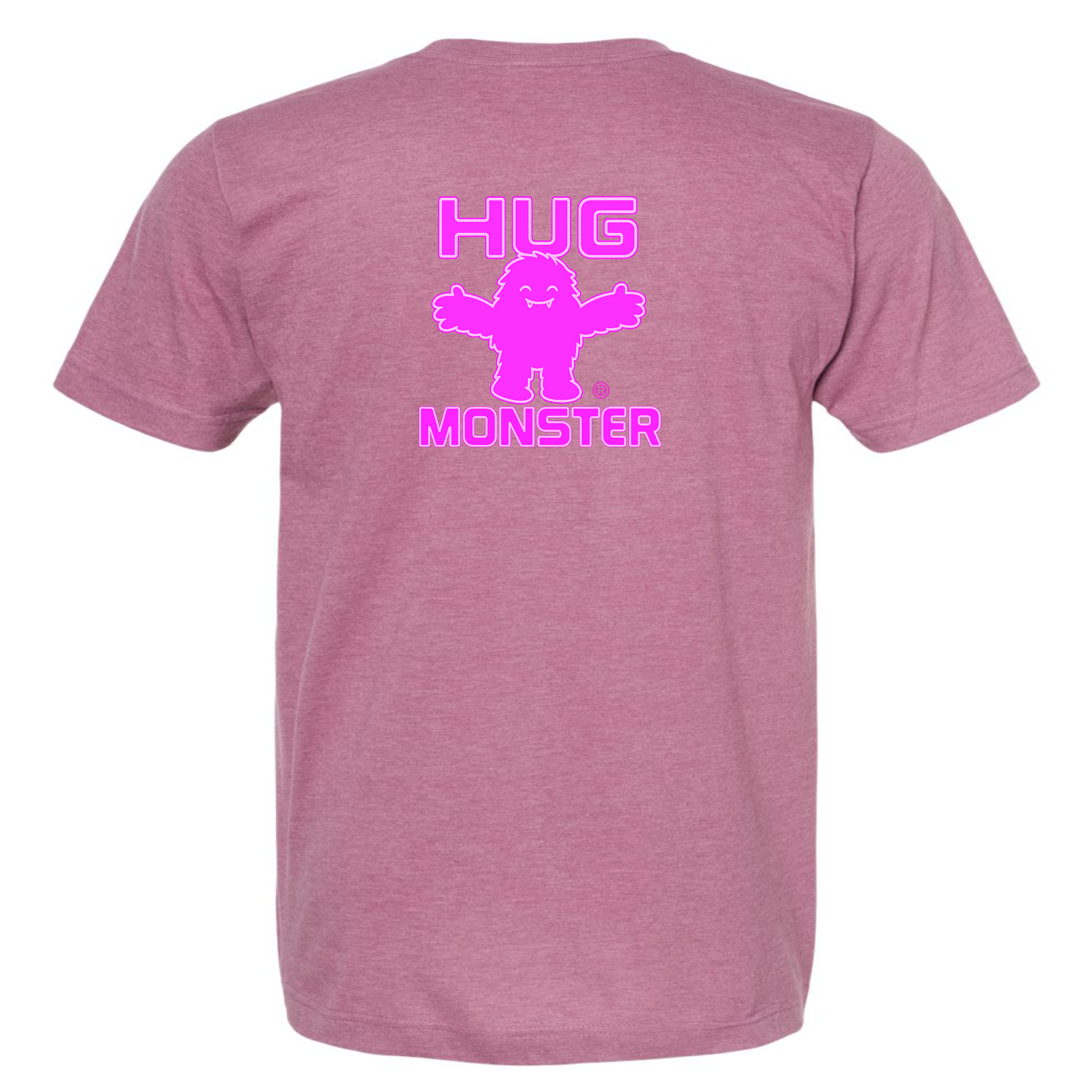 Hug Monster Giant Retro Monster Hugs (Bright Pink Logo) T-Shirt in Heather Dusty Rose Pink – Back View