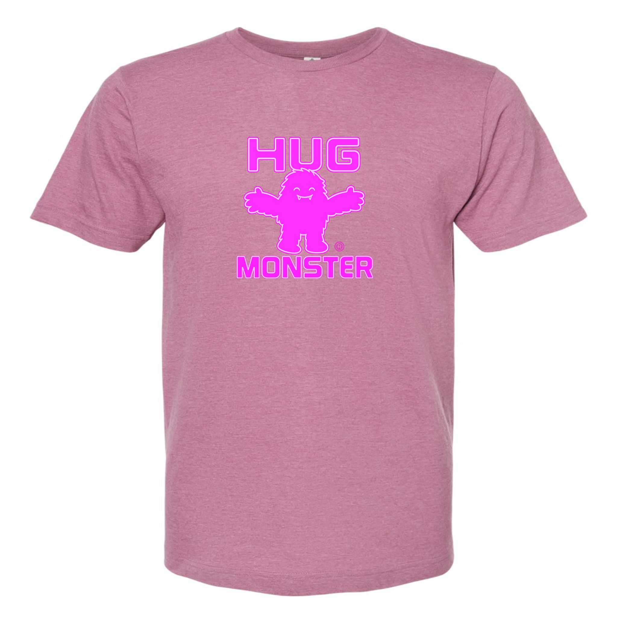 Hug Monster Giant Retro Monster Hugs (Bright Pink Logo) T-Shirt in Heather Dusty Rose Pink – Front View