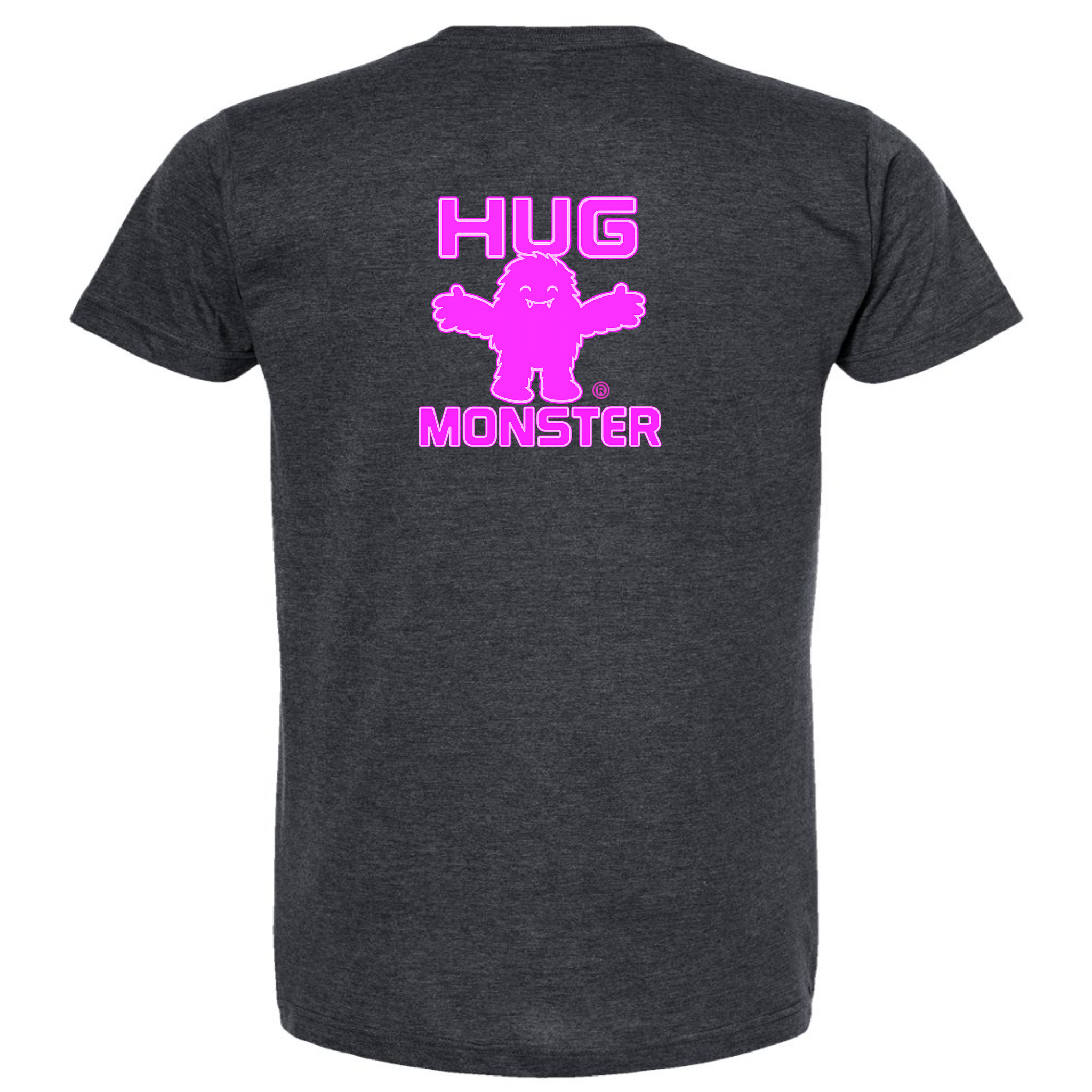Hug Monster Giant Retro Monster Hugs (Bright Pink Logo) T-Shirt in Heather Graphite – Back View