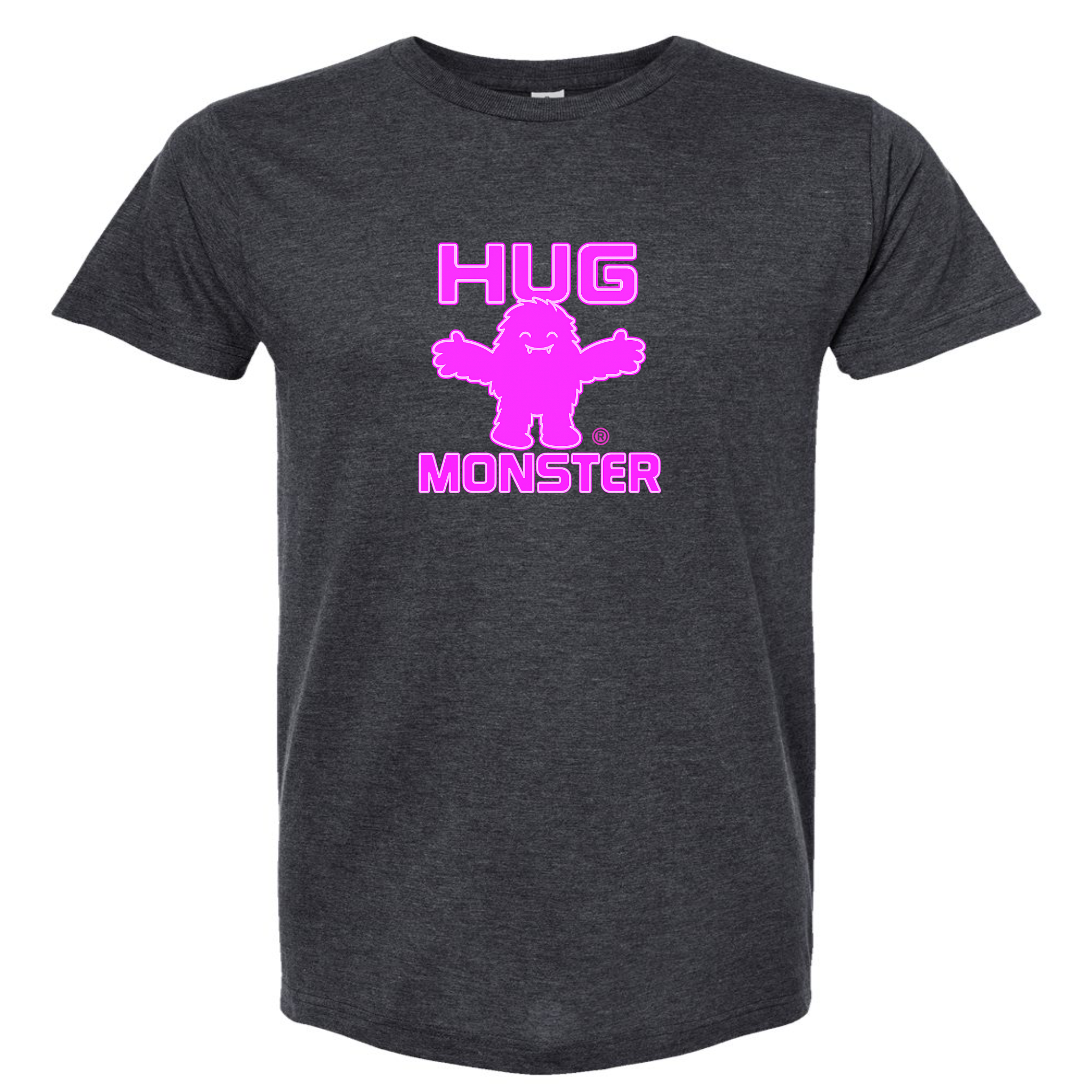 Hug Monster Giant Retro Monster Hugs (Bright Pink Logo) T-Shirt in Heather Graphite – Front View