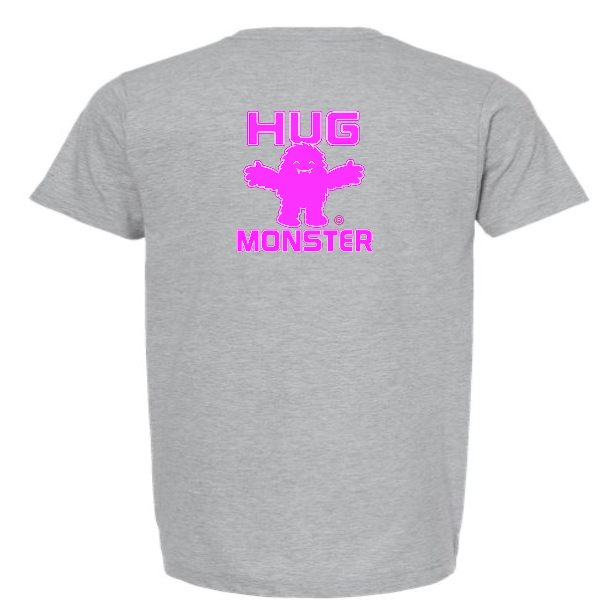 Hug Monster Giant Retro Monster Hugs (Bright Pink Logo) T-Shirt - Positive Message Graphic Tee in Heather Grey – Back View