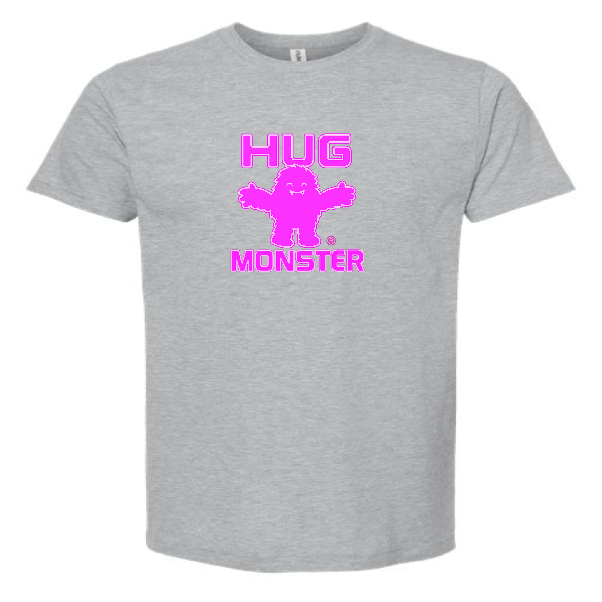 Hug Monster Giant Retro Monster Hugs (Bright Pink Logo) T-Shirt - Positive Message Graphic Tee in Heather Grey – Front View