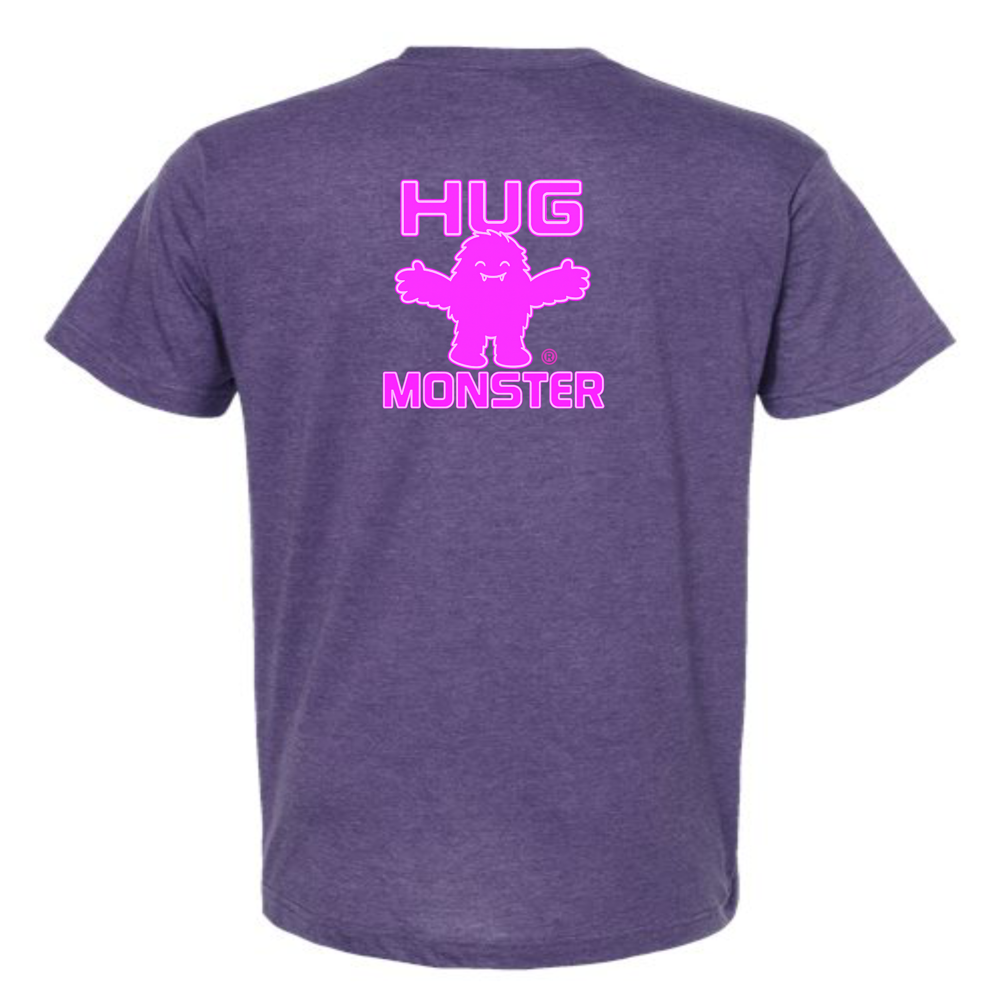 Hug Monster Giant Retro Monster Hugs (Bright Pink Logo) T-Shirt - Positive Message Graphic Tee in Heather Purple – Back View