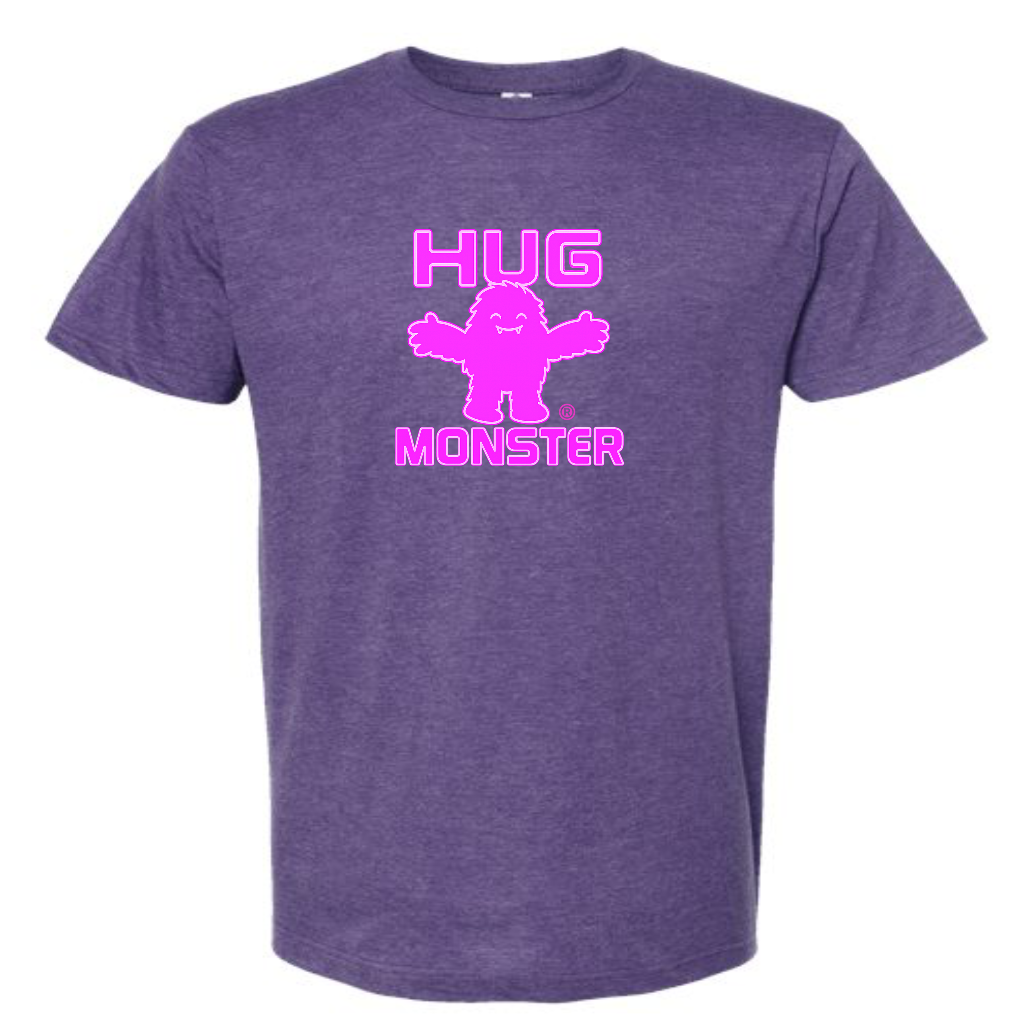 Hug Monster Giant Retro Monster Hugs (Bright Pink Logo) T-Shirt - Positive Message Graphic Tee in Heather Purple – Front View