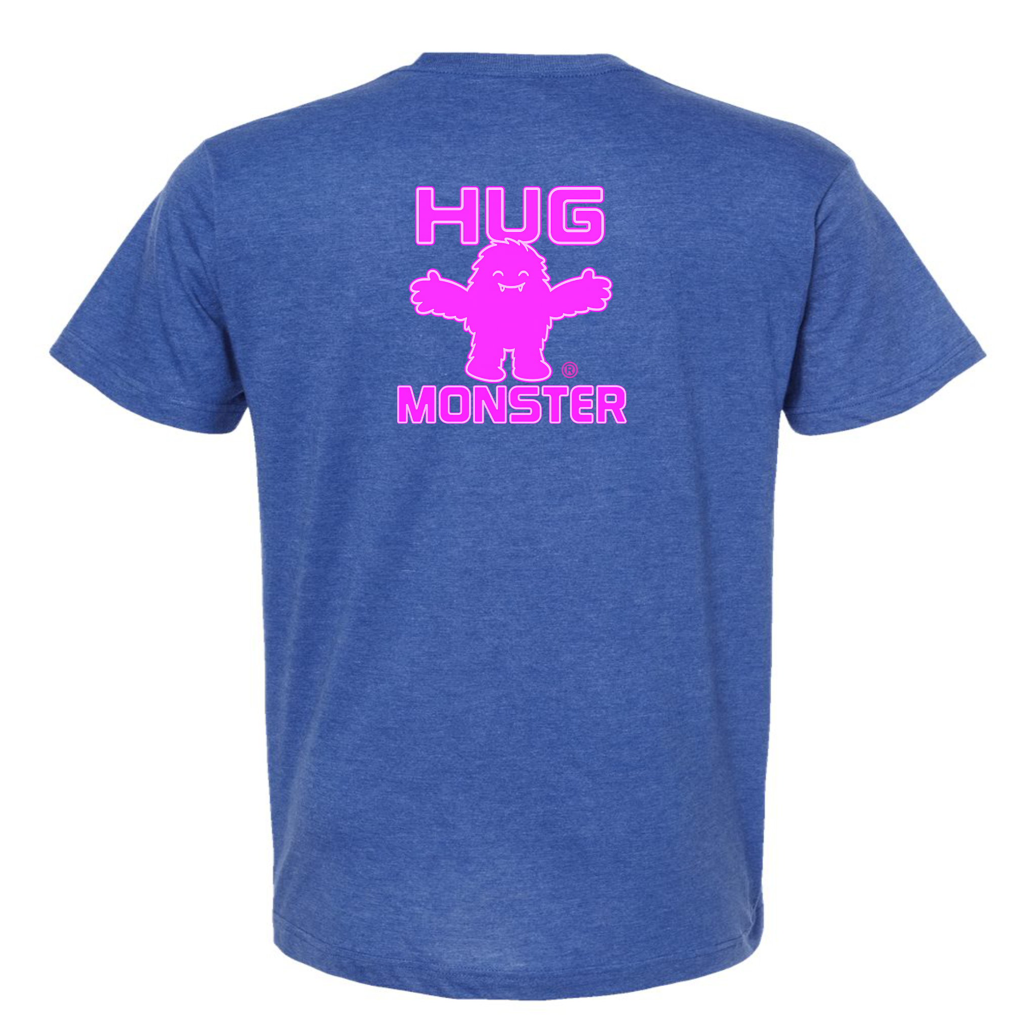 Hug Monster Giant Retro Monster Hugs (Bright Pink Logo) T-Shirt in Heather Royal Blue – Back View
